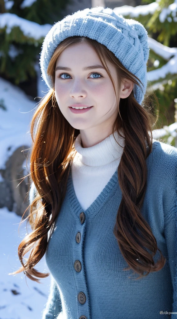 Pretty woman, similar to Zoey Deutch,cute,huge natural breasts, red hair curly/flowing, detailed dark BLUE eyes and face, not to skinny, naughty smile, make it ultra-realistic, western european girl, in the snow in the mountains, clothing colour needs to be anything but green, extremely detailed blue eyes, extremely long wavy red hair, extremely long hair with 2 ponytails, extremely detailed blue eyes, wearing a wrath, detailed photo - 8K, Extremely high quality, winter fur cap