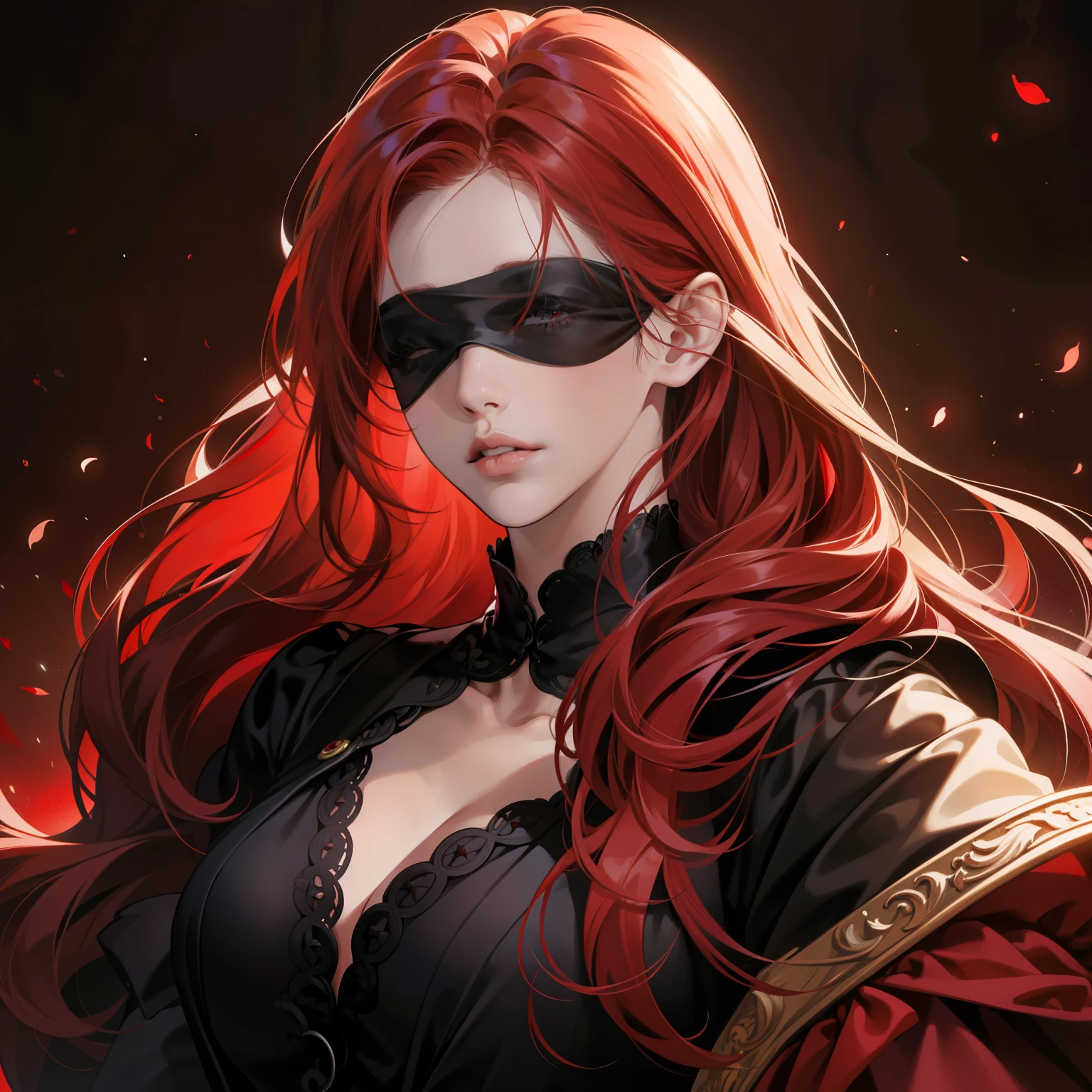 Masterpiece, high quality, best quality, HD, realistic, perfect lighting, detailed body, 1 woman, Red blindfold, long hair, Red Hair, Red black sexy and scary shirt, scary background.