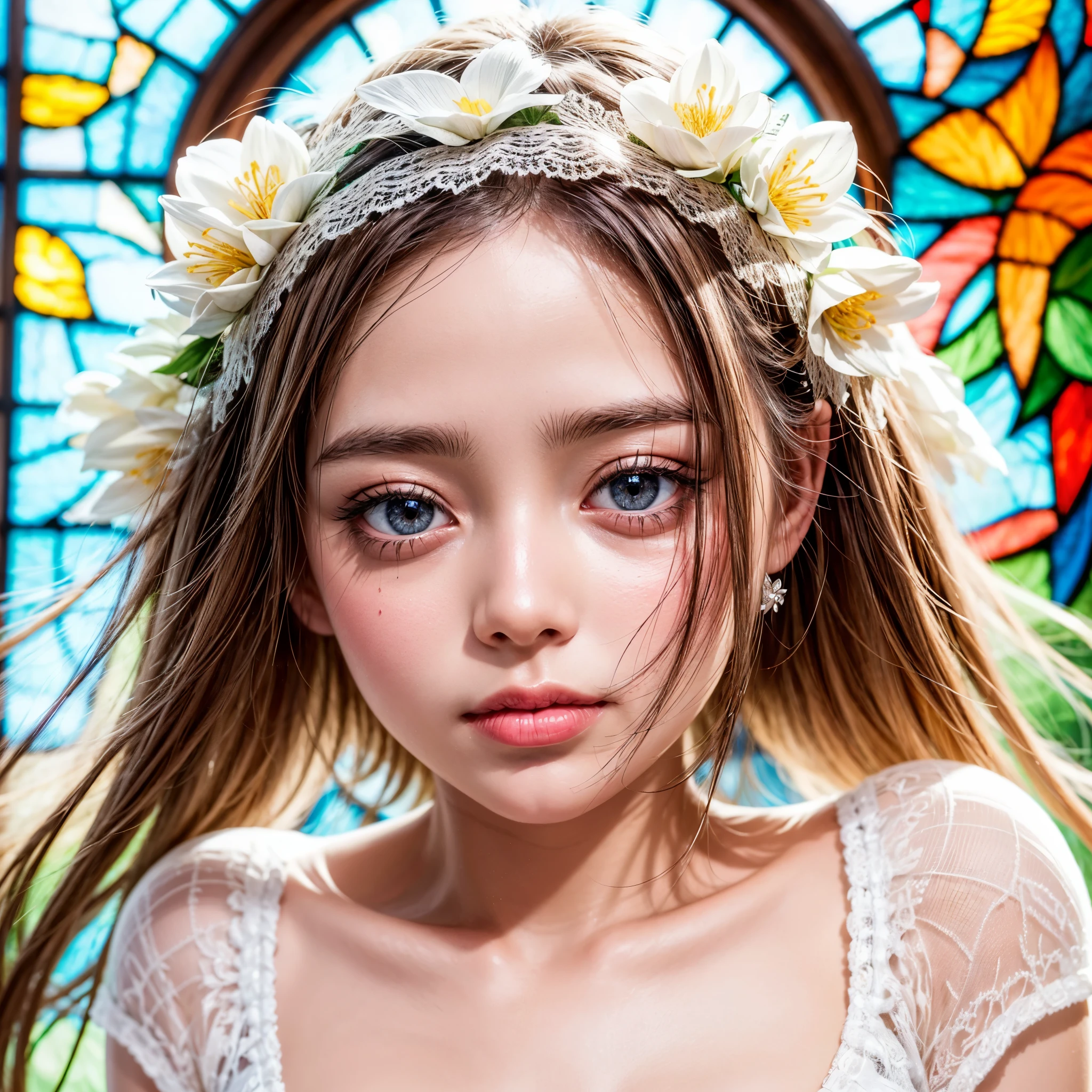 (SFW, Exposed:1.2), concept art, Tiny junior idol, Delicate lace knitted white clothes, (nipple:-0.9), (face closeup, (Dazzling stained glass Background)), (((Renbutsu Misako), vivid colorful Light shines through delicate stained glass:1.35, Dazzling Halo, Acutance:0.8)), {vivid red |Mystic sight | haze | lense Particle | lens flare | light Particle}. (masterpiece:1.2),(ultra-detailed:1.37),((realistic,photorealistic,photo-realistic:1.37)), (Extremely detailed KAWAII face variations, innocent expression variations), {rosy cheeks | intricate detailed eyes with sparkling highlights | long eyelashes with volume | subtle blush on the face}. impeccable skin texture, captivating gaze, ((Dynamic-angle, physically-based rendering)), whole Body proportions and all limbs are anatomically accurate . full of flowers covering girl's body .