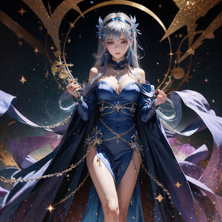 Illustrate Lillia in her 'Cosmic' skin from League of Legends by Riot Games,massive k-cups,She’s adorned in an ethereal, starry outfit with celestial motifs, featuring a cosmic dress with swirling galaxies, glowing antlers, and a staff that sparkles with cosmic energy, representing her connection to the cosmos.