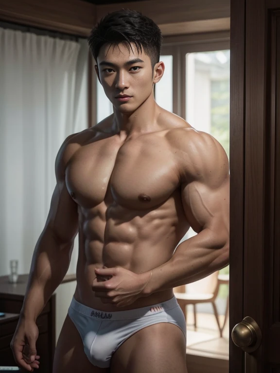 best qualityer、delicated、highly detailed、超高分辨率、Complicated detailinely detailled、(8K分辨率)、profesional lighting、physically-based renderingt、Good balance、edge lit、professional photoshooting、tack sharp focus、Realistic photos、photorealistic art、realistic model、HDR、Masseter muscle film、well built、Asian people、male people、25 age old、gay twinks、underdressing、cool guy、musculous、eBlue eyes、short detailed haide in and out、NSFW、Large size、Authentic texture、barechested、Naked、large bulge、Rugby player、(k hd、(8K分辨率)