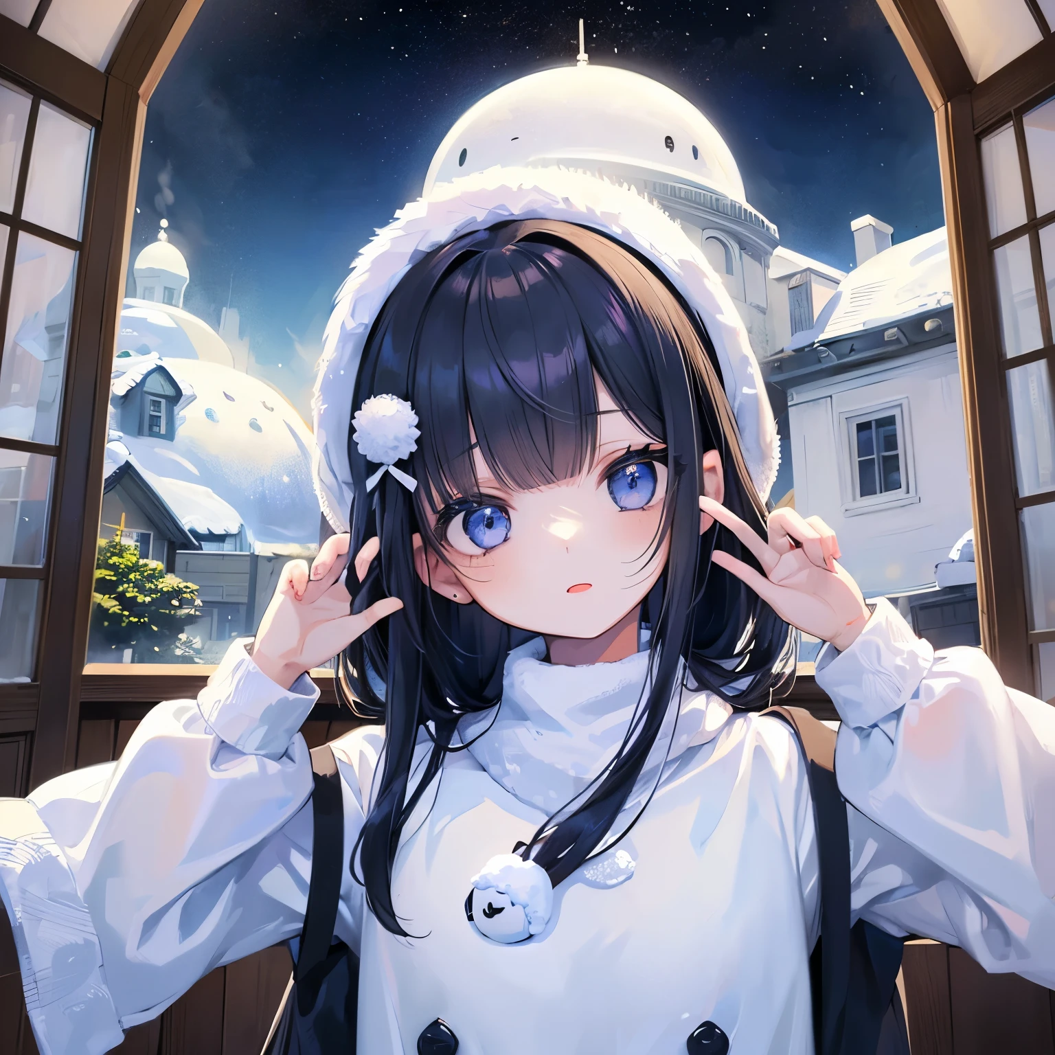 ((Girl posing in front of a snowy dome house))、Snowman on background、Strong blur
