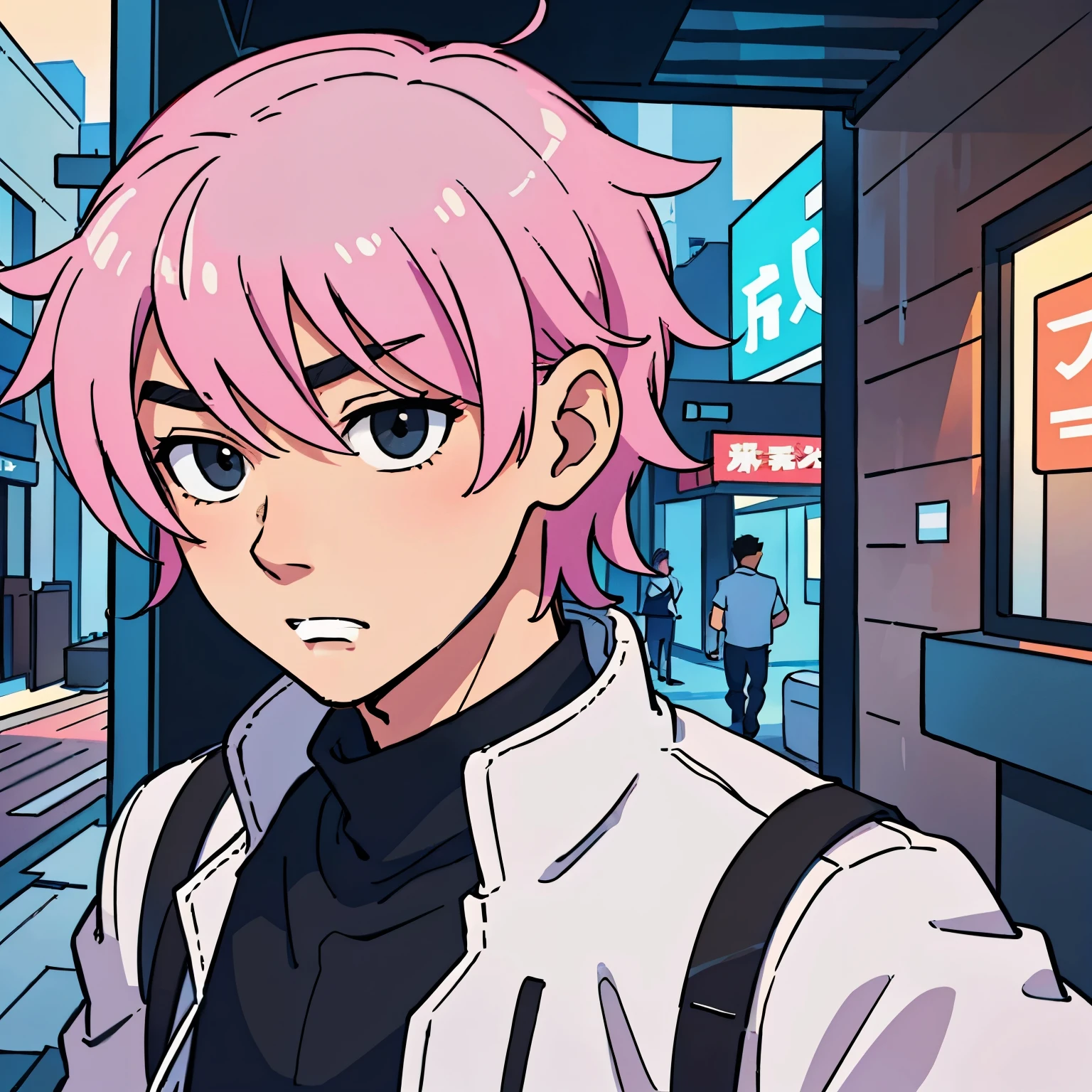（best qualtiy：0.8），（best qualtiy：0.8），Perfect anime illustration，Extreme close-up portrait of a handsome man walking through the city，pink colored hair，black eyes, short hair