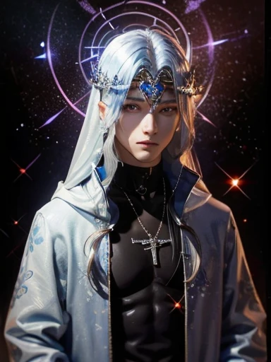 Cross Necklace、silber hair、Wear a blue aura、Good looking men、Look into the viewer's eyes、Please wear a blue aura。masutepiece、Best image、Deities々aura、masutepiece、Masterpiece