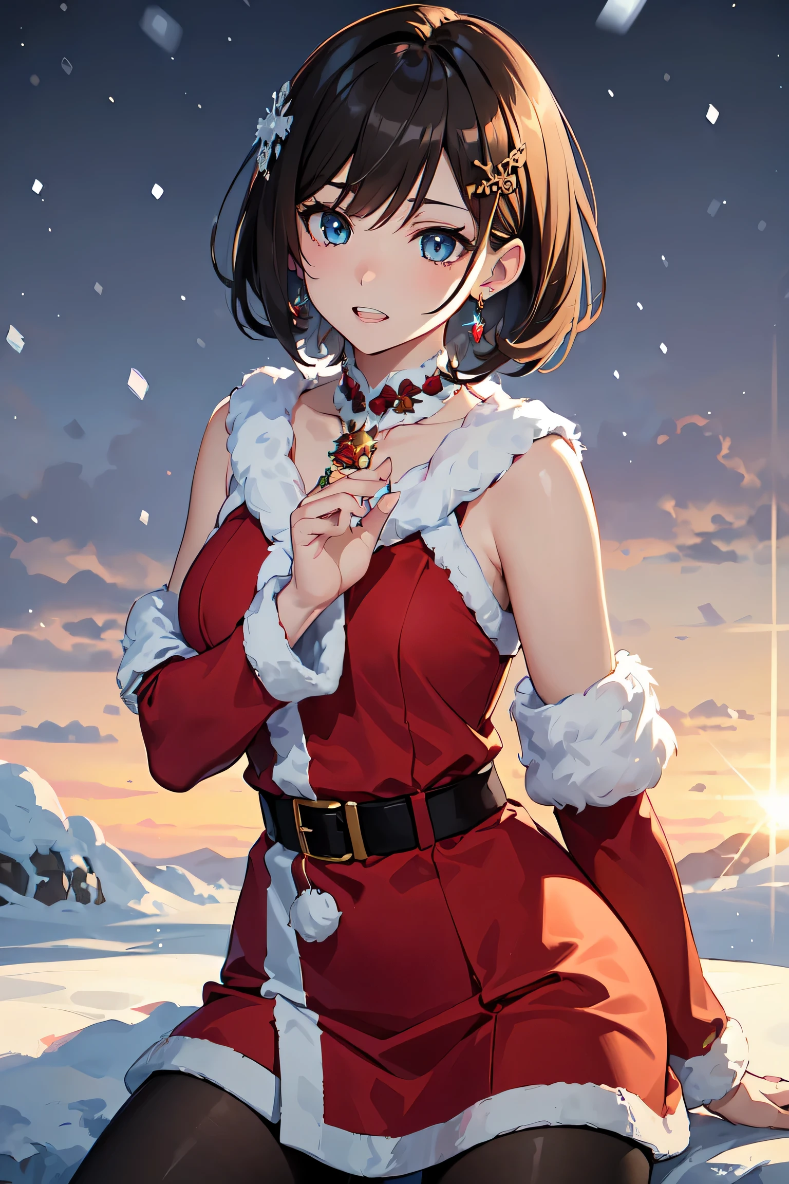 ((masutepiece)), ((Best Quality)), (Ultra-detailed), (superfine illustration), ((kawaii)), tremble for), ((Extremely detailed)), (Detailed eyes), (detailed facial features), (Detailed fingers), (detailed clothes features), 4K, (8K), (Beautiful), (dynamic compositions), (Cowboy Shot:1.3), (santa costume:1.3), Sitting on a stump, Pretty women, 1 woman, (Brown skin:1.2), Brown hair, Medium short hair, (Beautiful blue eyeeautiful eyes)), White teeth, (tights), (Hair ornaments), Earring Necklace), (Raulche, mont, vila, evening, Winters, Shine with colored light, Lens Flare, (snow effect), shiny