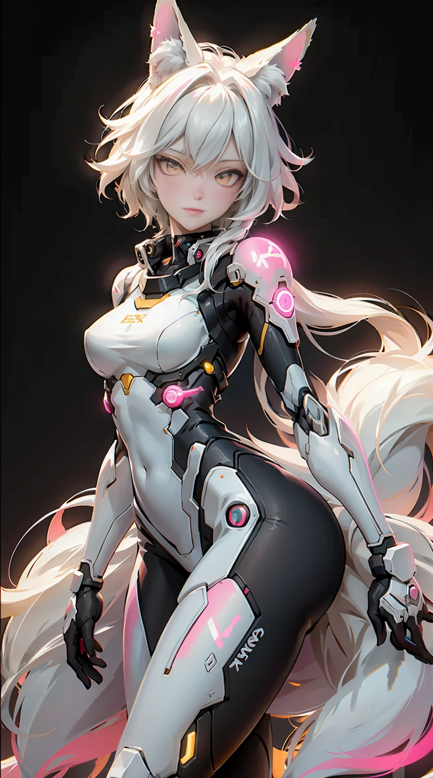 pretty, woman, sexy face, yellow eyes, white hair, slim body, sexy pose, pink tights, mecha, neon sign, led night city, seen from above, high quality, realistic, beautiful light, complete detail, black background,((fox ear))