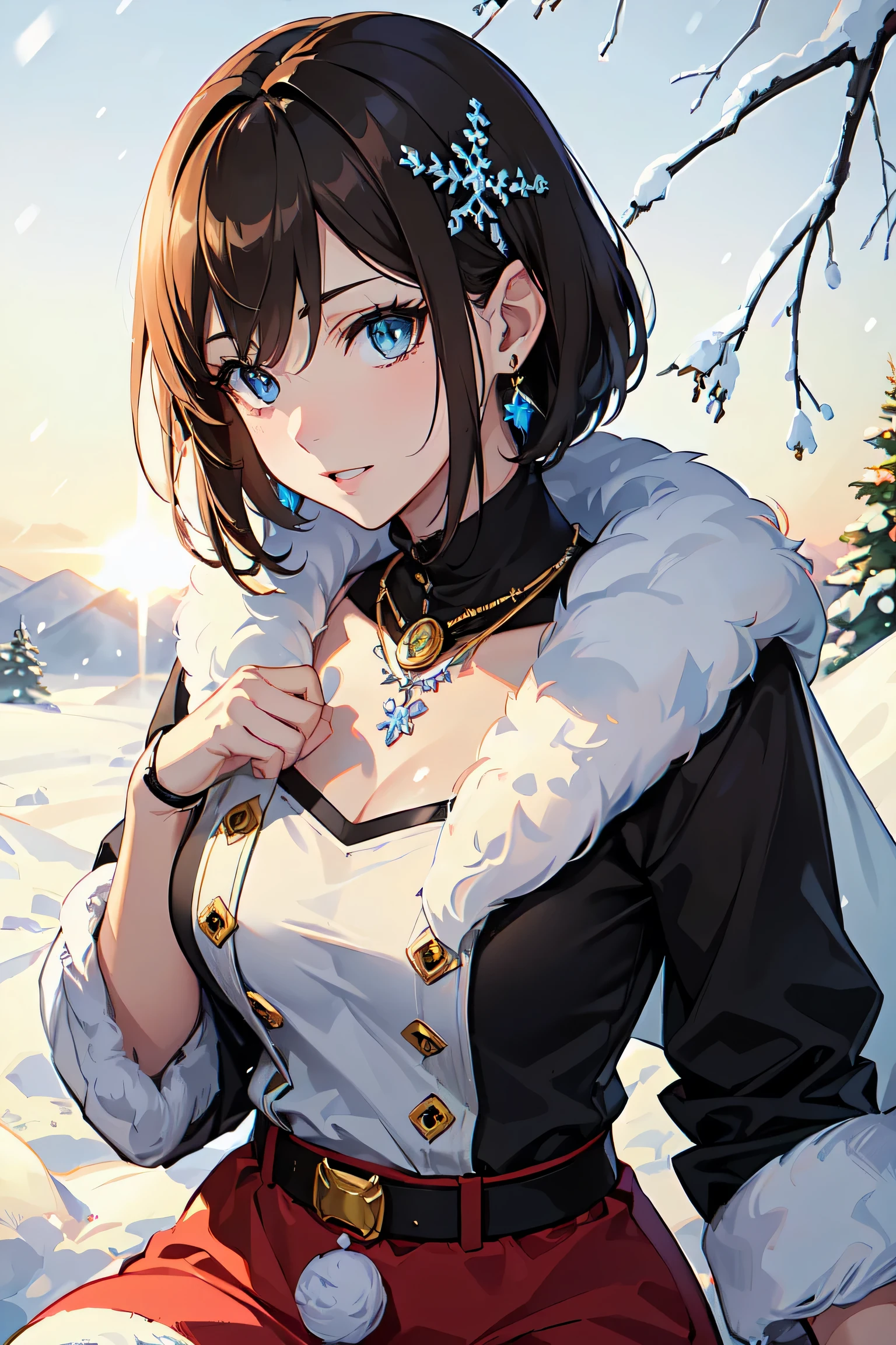 ((masutepiece)), ((Best Quality)), (Ultra-detailed), (superfine illustration), ((kawaii)), tremble for), ((Extremely detailed)), (Detailed eyes), (detailed facial features), (Detailed fingers), (detailed clothes features), 4K, (8K), (Beautiful), (dynamic compositions), (Cowboy Shot:1.3), (santa costume:1.3), Sitting on a stump, Pretty women, 1 woman, (Brown skin:1.2), Brown hair, Medium short hair, (Beautiful blue eyeeautiful eyes)), White teeth, (tights), (Hair ornaments), Earring Necklace), (Raulche, mont, vila, evening, Winters, Shine with colored light, Lens Flare, (snow effect), shiny