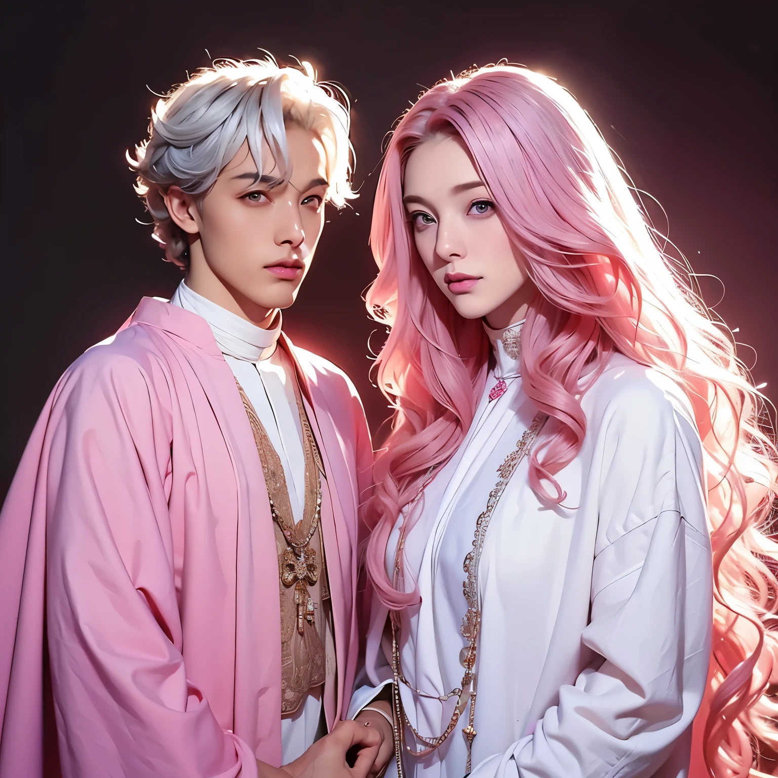 A woman with long, curly, pink hair and blue eyes stands next to a young man. The man, with tan skin, white hair, and brown eyes, is dressed like a priest. Two individuals in unique harmony.