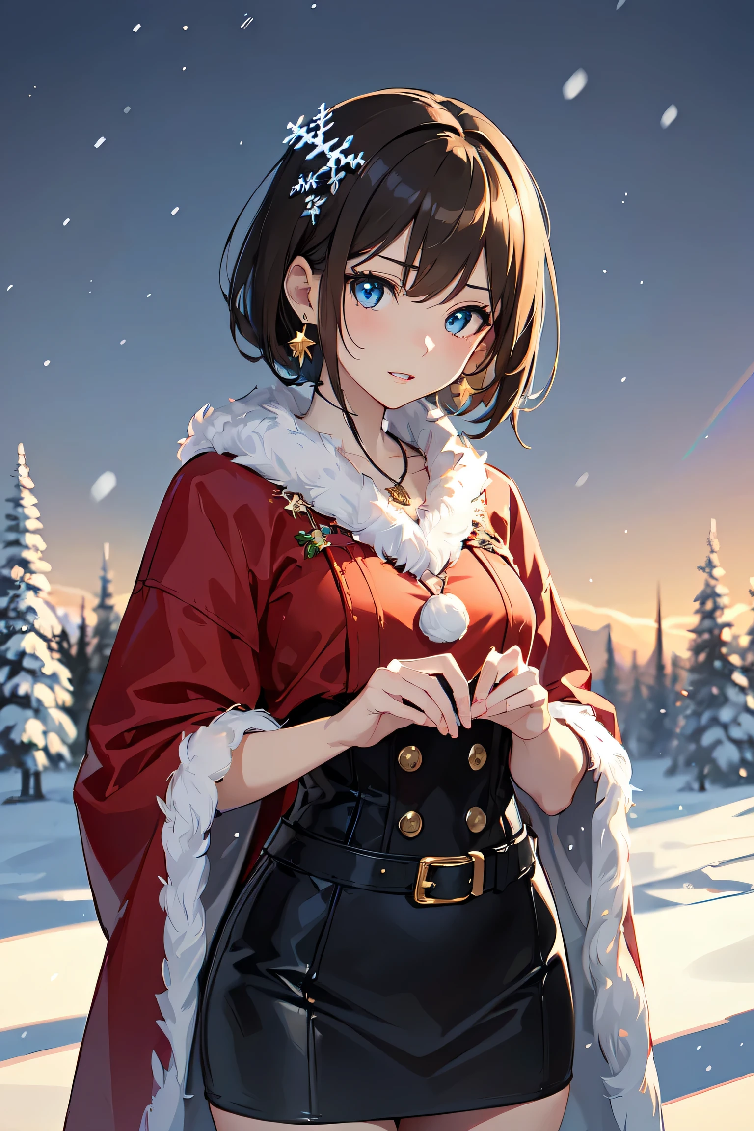 ((masutepiece)), ((Best Quality)), (Ultra-detailed), (superfine illustration), ((kawaii)), tremble for), ((Extremely detailed)), (Detailed eyes), (detailed facial features), (Detailed fingers), (detailed clothes features), 4K, (8K), (Beautiful), (dynamic compositions), (Cowboy Shot:1.3), (santa costume:1.3), Sitting on a stump, Pretty women, 1 woman, (Brown skin:1.2), Brown hair, Medium short hair, (Beautiful blue eyeeautiful eyes)), White teeth, (tights), (Hair ornaments), Earring Necklace), (Raulche, mont, vila, evening, Winters, Shine with colored light, Lens Flare, (snow effect), shiny