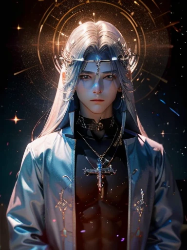 Cross Necklace、silber hair、Wear a blue aura、Good looking men、Look into the viewer's eyes、Please wear a blue aura。masutepiece、Best image、Deities々aura、masutepiece、Masterpiece