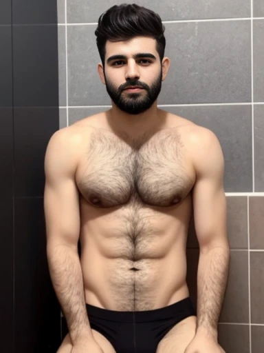 Lebanese boy, short messy black hair, ugly, lazy, boring, bathroom, facial hair, hairy body, big tummy