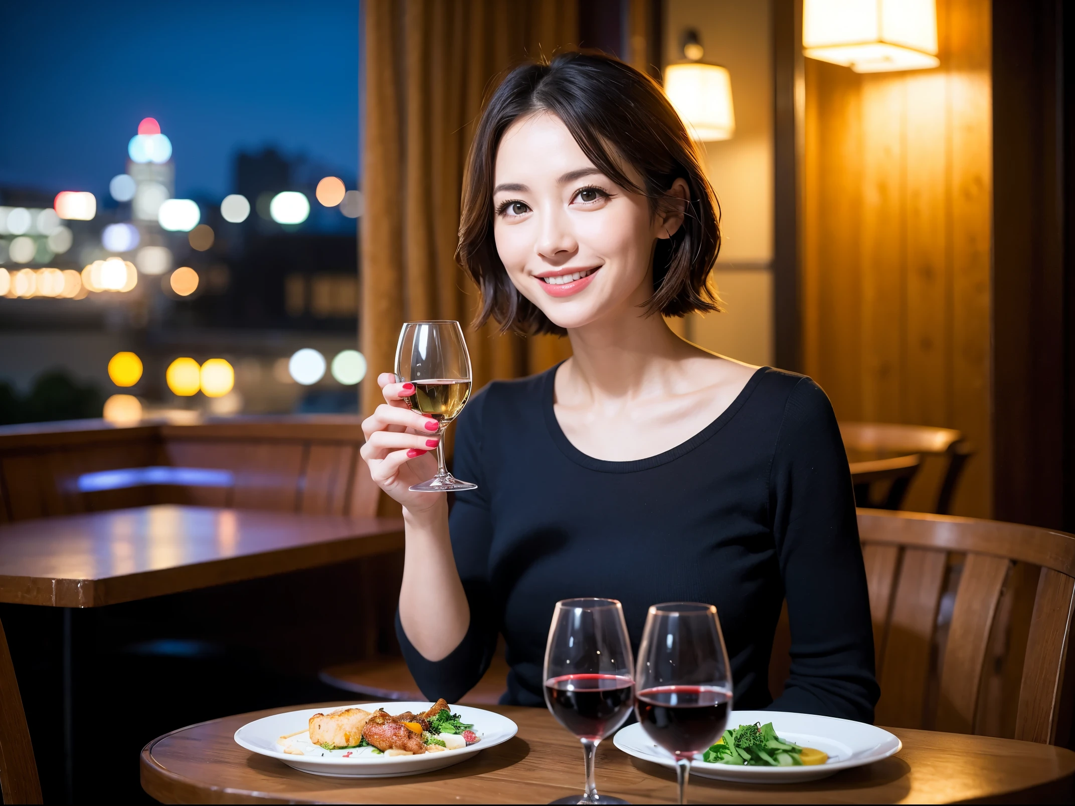 (64k uhd, nffsw, of the highest quality, masutepiece: 1.2), (Realistic, Photorealistic: 1.37), Pretty Woman 1, (Slim Face), (slimボティ), (Brown hair), (short-cut), Americana、Frenchman、cheeks blush a little, (40 years old), 38 years, Solo, A beautiful and detailed night view spreads out outside the window......., restaurant, wine glassesに座って, At night, In a prominent place (from waist up) NovaFrogStyle, actress, Model, waist-up, white wine, slim, wine glasses, Super clean night view, 真ん中に置かれたwine glasses, Happy smile, (Smile: 1.15), Beautiful fine eyes, Upper body, Bust Japan Up, Night, Short, Short, actress, Model, waist-up, white wine, slim, wine glasses, Super clean night view, 真ん中に置かれたwine glasses, Happy smile,