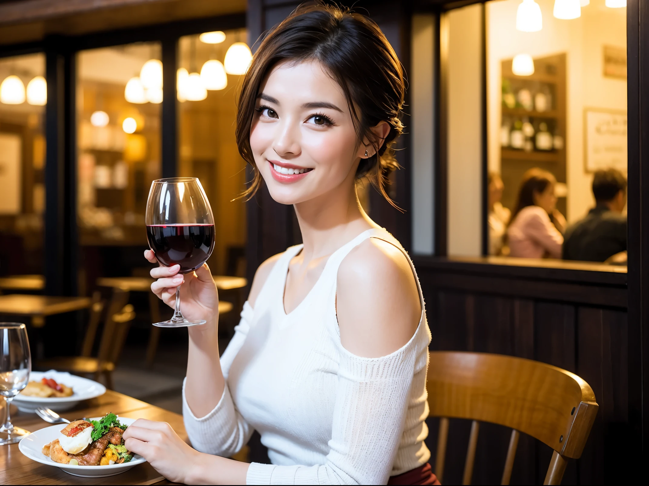 (64k uhd, nffsw, of the highest quality, masutepiece: 1.2), (Realistic, Photorealistic: 1.37), Pretty Woman 1, (Slim Face), (slimボティ), (Brown hair), (short-cut), Americana、Frenchman、cheeks blush a little, (40 years old), 38 years, Solo, A beautiful and detailed night view spreads out outside the window......., restaurant, wine glassesに座って, At night, In a prominent place (from waist up) NovaFrogStyle, actress, Model, waist-up, white wine, slim, wine glasses, Super clean night view, 真ん中に置かれたwine glasses, Happy smile, (Smile: 1.15), Beautiful fine eyes, Upper body, Bust Japan Up, Night, Short, Short, actress, Model, waist-up, white wine, slim, wine glasses, Super clean night view, 真ん中に置かれたwine glasses, Happy smile,