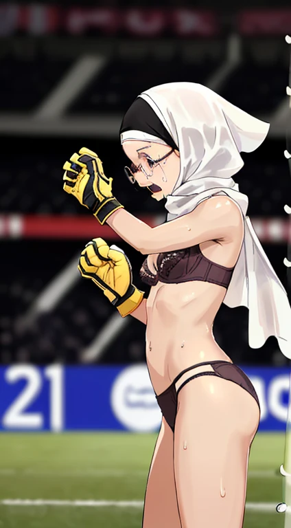 (((side view))), (((1woman))),(((solo woman))), Photo of a malay female with saggy breasts, (((keeping the goal))) in the middle of(soccer field), 20yo,petite, skinny, slender body, short body, tanned skin, dimples, light, detailed face, embarrassed face, ((looking sad)), ((crying)), (scream), (tears), ((hands raised up)), ((hands in front)),tiny breasts, small breasts, natural breasts, Acup, (((hijab))),(((glasses))), (((sorella underwear))), (nude), (((sorella bra))), (((sorella panties))), (((goalkeeper gloves))), (sweat)