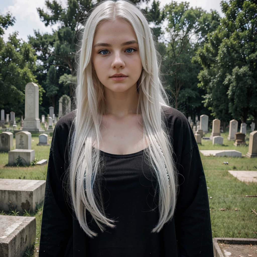 a white girl with long and white hair, perfect face, light blue eyes, 18 yo, big tits, realistic, in an abandoned cemetery, black clothes