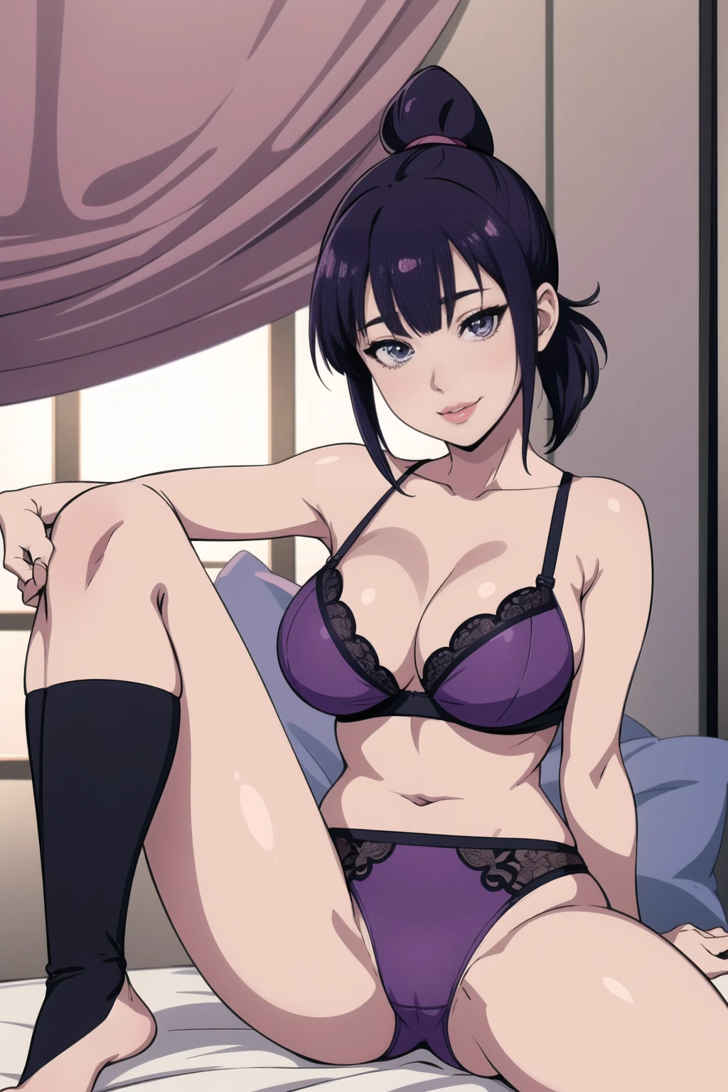 Hinata_hyuga, 1girl,  short hair, grey eyes
 big boobs, wearing purple bra panties, looking hot sexy, sitting on the bed, looking at viewer, highly detailed on eyes nose lips face, and beauty, looking at viewer, ponytail hair, beautiful eyes highly detailed on eyes, perfect eyes, and lips, smiling ((high quality)) spread legs