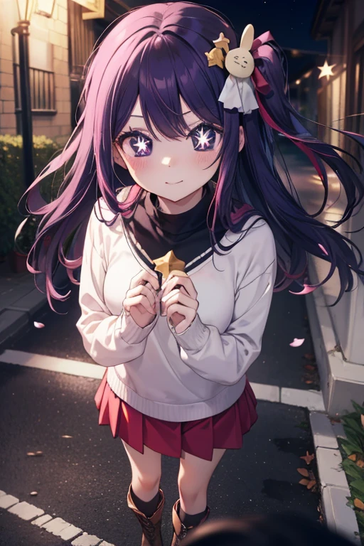 Ai Hoshino, Ai Hoshino, hair between eye, Hair Ornament, hair ribbon, Long hair, One side up, (Purple eyes:1.1), Purple hair, rabbit Hair Ornament, (star-shaped pupils:1.5), symbol-shaped pupils,long court，green v-neck sweater，White mini skirt，Black tights，Short boots，red blush，a smile，In the street，Winters，BREAK while walking (masutepiece:1.2), Best Quality, High resolution, Unity 8k壁纸, (Illustration:0.8), (Beautiful detailed eyes:1.6), extra detailed face, Perfect Lighting, extremely details CG, (Perfect hands, Perfect Anatomy),