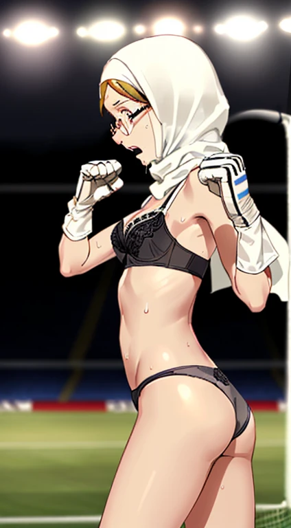(((side view))), (((1woman))),(((solo woman))), Photo of a malay female with saggy breasts, (((keeping the goal))) in the middle of(soccer field), 20yo,petite, skinny, slender body, short body, tanned skin, dimples, light, detailed face, embarrassed face, ((looking sad)), ((crying)), (scream), (tears), ((hands raised up)), ((hands in front)),tiny breasts, small breasts, natural breasts, A cup, big hips, big ass (((hijab))),(((glasses))), (((sorella underwear))), (nude), (((sorella bra))), (((sorella panties))), (((goalkeeper gloves))), (sweat)