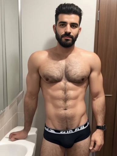 Lebanese man, short messy black hair, ugly, lazy, boring, bathroom, facial hair, hairy body, 50 years old