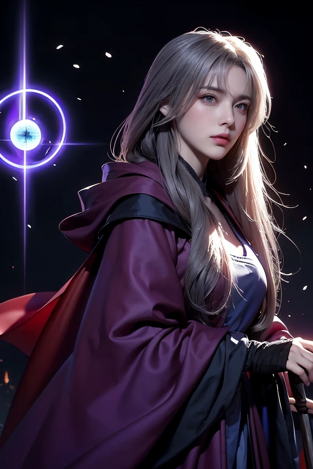 tmasterpiece,Best quality,A high resolution,8K,((Portrait)),(Head close-up),Original photo,real photo,digital photography,(Female wizards in the medieval fantasy world view),(The Witches of Medieval Fantasy),20岁女孩,((Short grey hair)),((The eyes are red,The eye of the devil), jewelry,Keep your mouth shut,Beautiful Elegant,(Be shy, blush),haughty,Noble and charming,(The robe,Hood,Wizard robe,The Purple Pattern,Mysterious glow),(The Devil's Body),Cloak,Angle,Devil,(Witch),Photo pose,medieval characterantasy style,the night,Ancient city background,oc render reflection texture