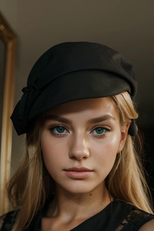 best quality, masterpiece, ultra high res, photorealistic, 1beatiful girl, blonde hair Australian girl, 20years old, green eyes, mysteries face, wearing a black dress
