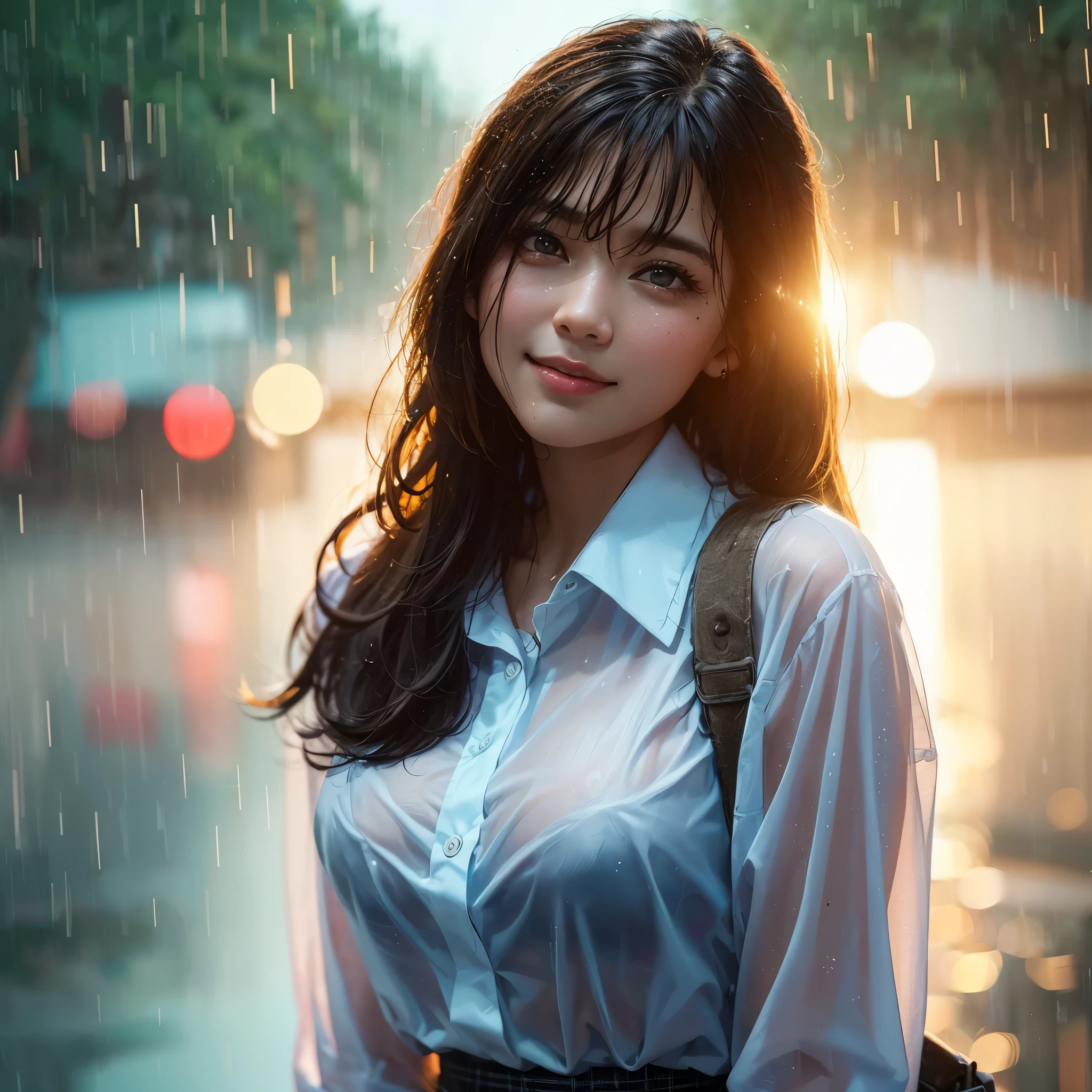 there is a woman with gigantic breast in a school uniform standing in the rain, wet shirt, see through, black bra, pretty girl standing in the rain, after rain and no girls, raining, girl wearing uniform, in the rain, thai girl, raining award winning photo, school girl, just after rain, raining!, at evening during rain, wet from rain, rainy wet, raining portrait, beautiful and smiling, masterpiece, best quality:1.2),,(8k,highres,RAW photo,realistic,photo-realistic:1.3),(detailed skin texture,detailed cloth texture,beautiful detailed face:1.25),professional lighting,photon mapping,beautiful soft light,radiosity,physically-based rendering,raytracing, model shoot style, model shoot style, (extremely detailed CG unity 8k wallpaper), full shot body photo of the most beautiful artwork in the world,