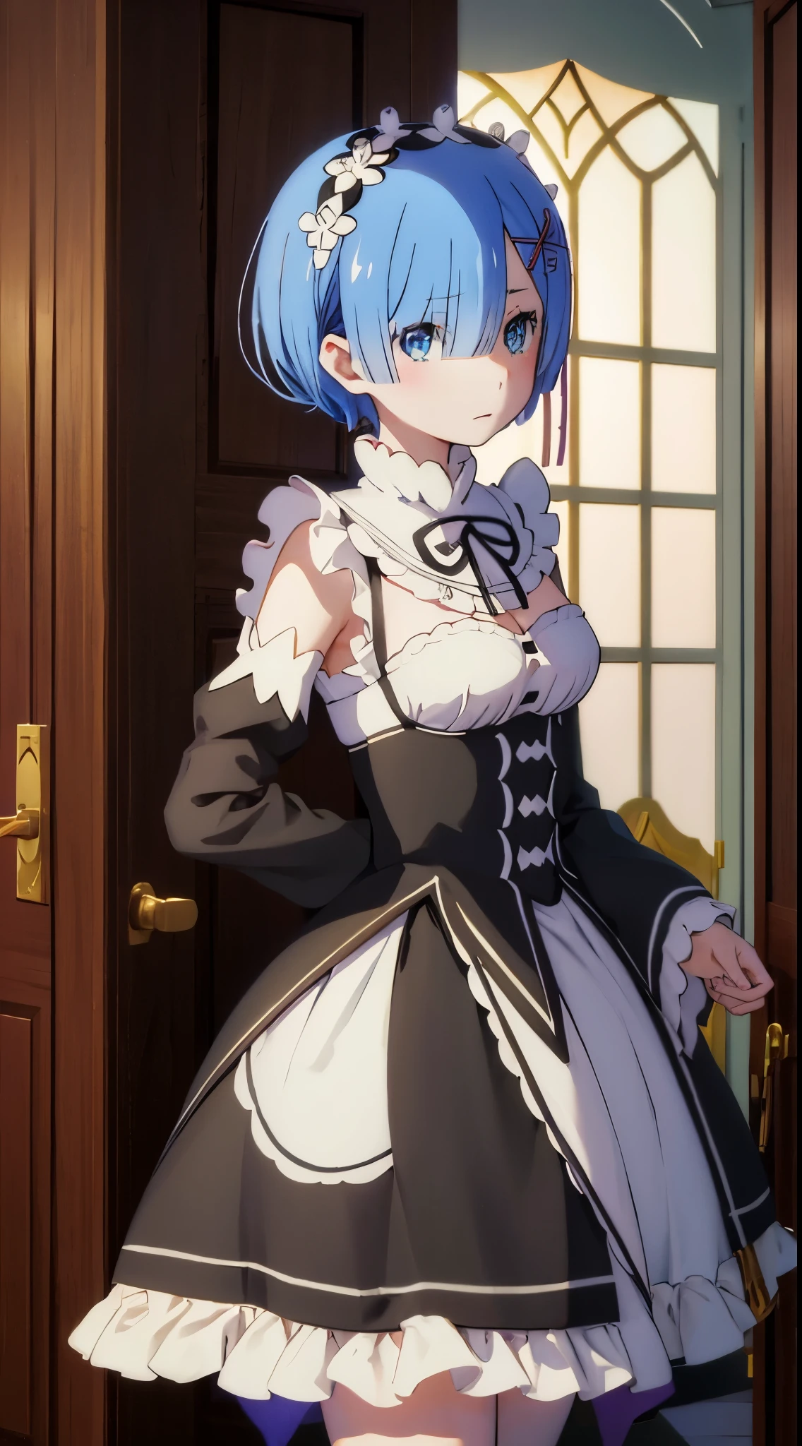 （tmasterpiece：1.6，best qualtiy），（Fine beautiful eyes：1.2），nffsw_Remu，Remuド，1girll，Blue hair，独奏，e Blue Eyes，× Hair Accessories，Maid clothes in Rossvale Mansion，maidennurse，（Dress Lift：1.2），White panties，nefarious smirk，独奏で，