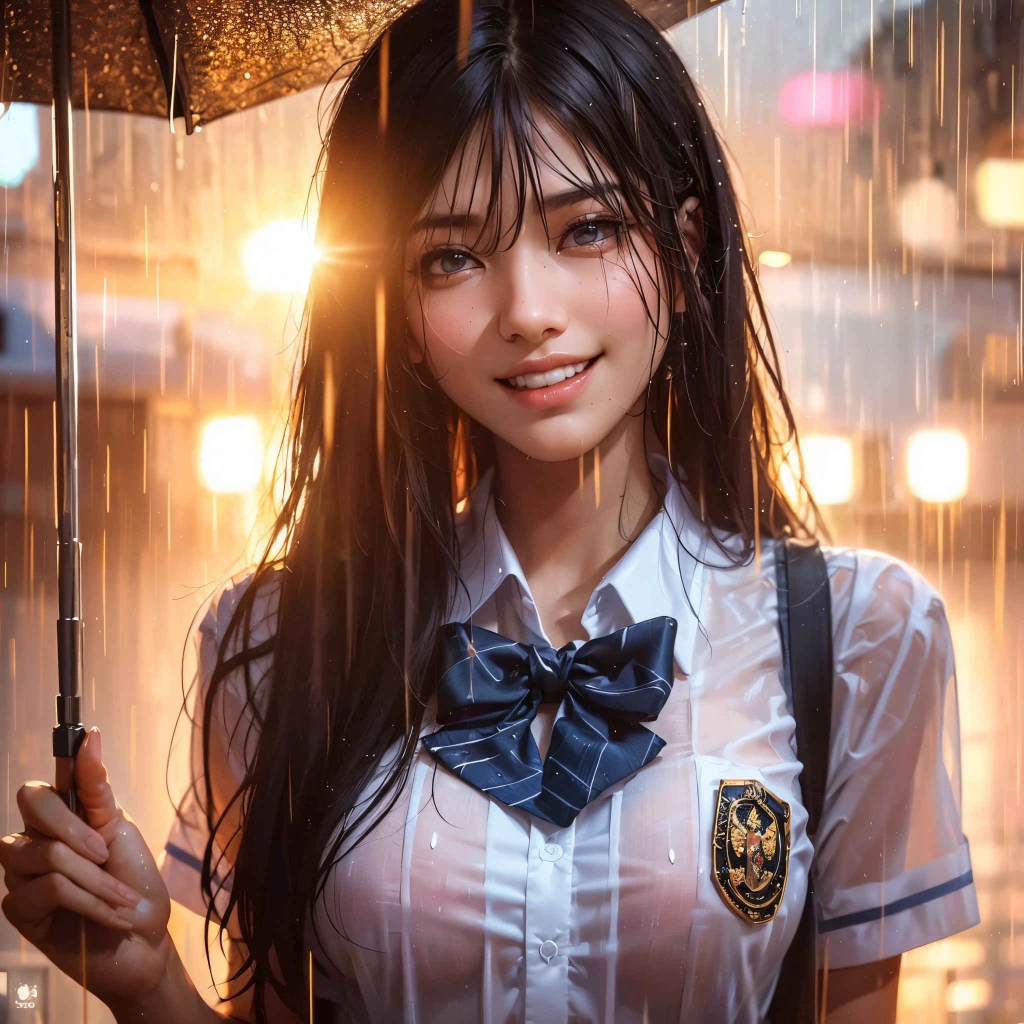 there is a woman with gigantic breast in a school uniform standing in the rain, wet shirt, see through, black bra, pretty girl standing in the rain, after rain and no girls, raining, girl wearing uniform, in the rain, thai girl, raining award winning photo, school girl, just after rain, raining!, at evening during rain, wet from rain, rainy wet, raining portrait, beautiful and smiling, masterpiece, best quality:1.2),,(8k,highres,RAW photo,realistic,photo-realistic:1.3),(detailed skin texture,detailed cloth texture,beautiful detailed face:1.25),professional lighting,photon mapping,beautiful soft light,radiosity,physically-based rendering,raytracing, model shoot style, model shoot style, (extremely detailed CG unity 8k wallpaper), full shot body photo of the most beautiful artwork in the world,