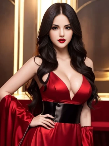 Eiza Gonzalez, pale skin, evil smile, large lips, black wavy hair, hot, thick brows, smokey eyes, red lips, red eyes, red sexy dress, magic, golden luxury room, , cunning, grinning