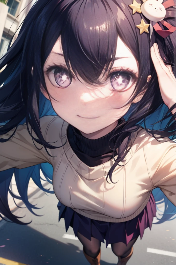 Ai Hoshino, Ai Hoshino, hair between eye, Hair Ornament, hair ribbon, Long hair, One side up, (Purple eyes:1.1), Purple hair, rabbit Hair Ornament, (star-shaped pupils:1.5), symbol-shaped pupils,long court,green v-neck sweater,White mini skirt,Black tights,Short boots,red blush,a smile,In the street,Winters,BREAK while walking (masutepiece:1.2), Best Quality, High resolution, Unity 8k壁纸, (Illustration:0.8), (Beautiful detailed eyes:1.6), extra detailed face, Perfect Lighting, extremely details CG, (Perfect hands, Perfect Anatomy),