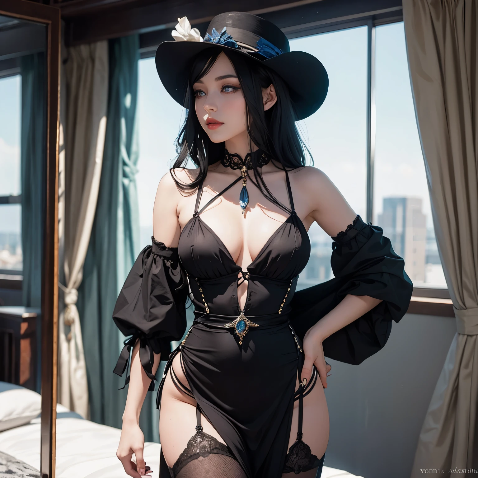 A 1920’s themed woman. She has long black hair and blue eyes. Beautiful.