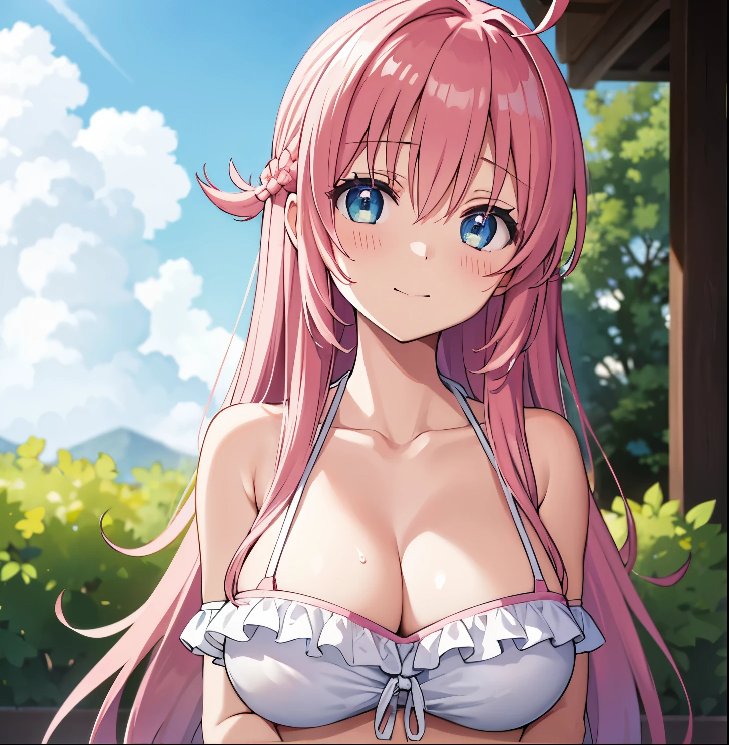 outdoor, grass, day,
BREAK  saotome_atena, atena_saotome, pink hair, blue eyes, aqua eyes, long hair, ahoge, sidelocks, large breasts,
BREAK bikini, pink bikini, front-tie bikini top, bare shoulders, collarbone, cleavage, shiny skin, wet, sweat,
BREAK standing, upper_body, hands_on_own_chest, looking_at_viewer, head tilt, 
BREAK blush, smile, closed mouth, 
BREAK (masterpiece:1.2), (beautiful detailed eyes:1.2), perfect lighting, (perfect hands, perfect anatomy)