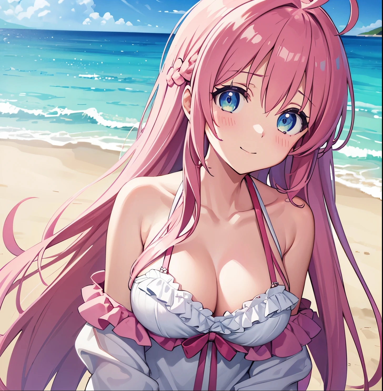 outdoor, grass, day,
BREAK  saotome_atena, atena_saotome, pink hair, blue eyes, aqua eyes, long hair, ahoge, sidelocks, large breasts,
BREAK bikini, pink bikini, front-tie bikini top, bare shoulders, collarbone, cleavage, shiny skin, wet, sweat,
BREAK standing, upper_body, hands_on_own_chest, looking_at_viewer, head tilt, 
BREAK blush, smile, closed mouth, 
BREAK (masterpiece:1.2), (beautiful detailed eyes:1.2), perfect lighting, (perfect hands, perfect anatomy)