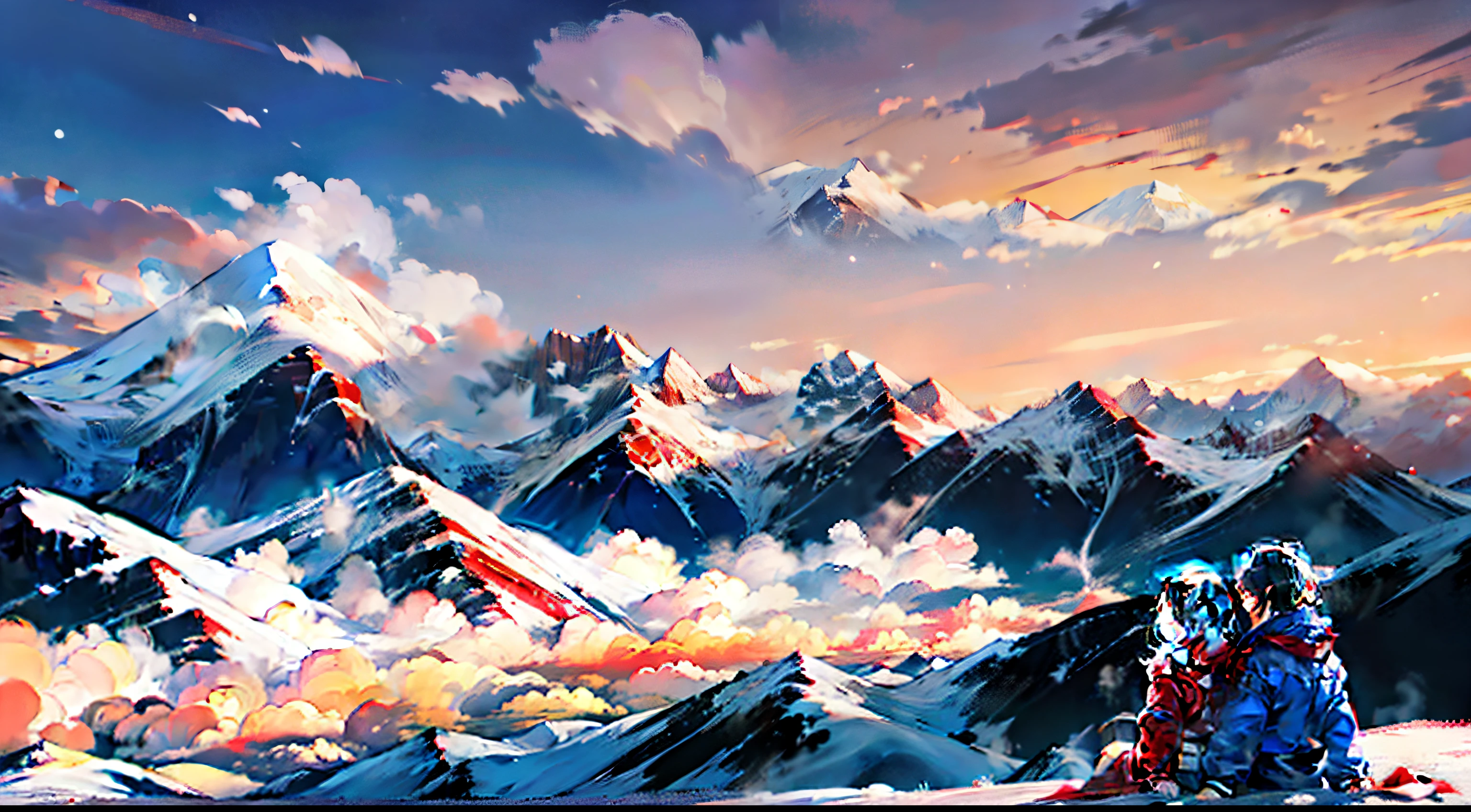 Oyuki，there are snow-capped mountains in the distance，close to nose, Two children sitting on skis admiring the mountains in the distance. Their fingers point to the distance.，The scene is vast，high high quality，8K clarity，red lantern decoration，a grand spectacle