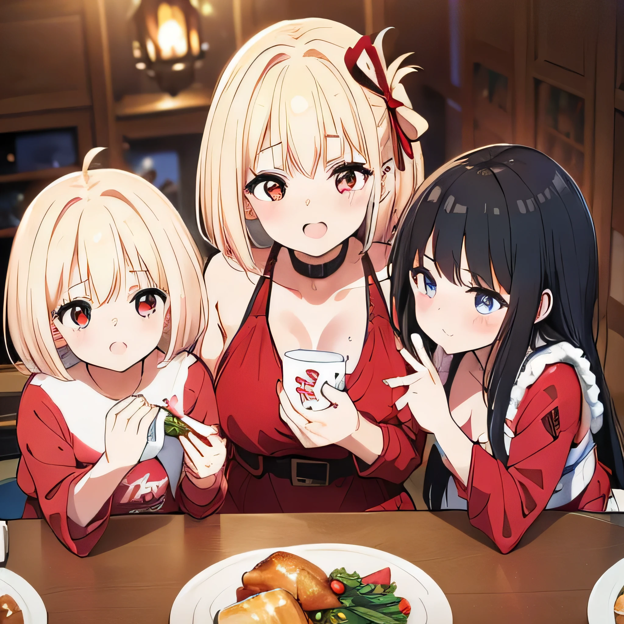 女の子 3a person,大a person２a person々and children,red blush,Christmas Dinner,Santa Cos,Long Black Hair,Blonde Bob