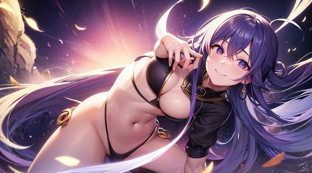 Martial artist、PC Wallpapers、One Person、fewer fingers、Close distance、The upper part of the body、dark long dress with little exposure、Beautiful woman with a smile、kawaii pose