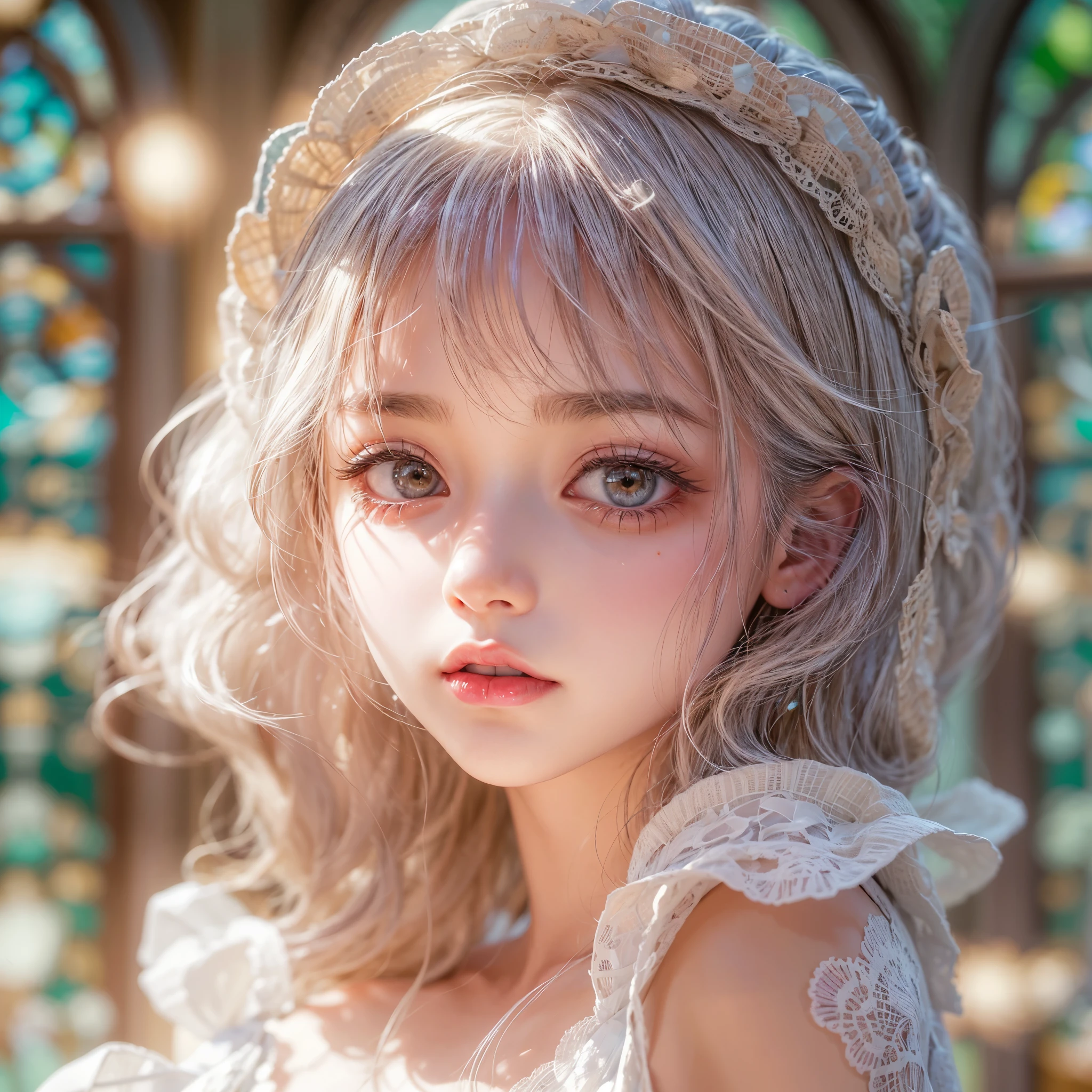 SFW, concept art, Tiny junior idol, Delicate lace knitted white clothes, (nipple:-0.9), (face closeup, (Dazzling stained glass Background)), (((Renbutsu Misako), colorful Light shines through stained glass:1.2, vivid red colors, lense Particle, lens flare, light Particle, Dazzling Halo, Acutance:0.8)). (masterpiece:1.2),(ultra-detailed:1.37),(realistic,photorealistic,photo-realistic:1.37), (Extremely detailed KAWAII face variations, innocent expression variations), rosy cheeks, intricate detailed eyes with sparkling highlights, long eyelashes with volume, subtle blush on the face. Mystic sight, haze, impeccable skin texture, captivating gaze, ((Dynamic-angle, physically-based rendering)), whole Body proportions and all limbs are anatomically accurate .