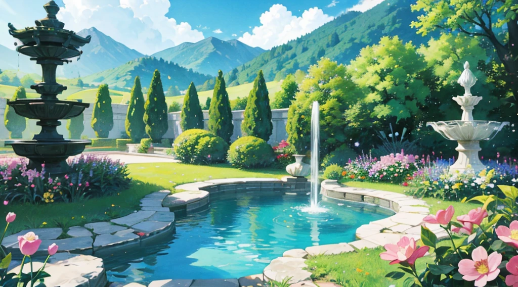 Manhwa background, garden, flowers, scenery, anime screencap, anime background, fountain