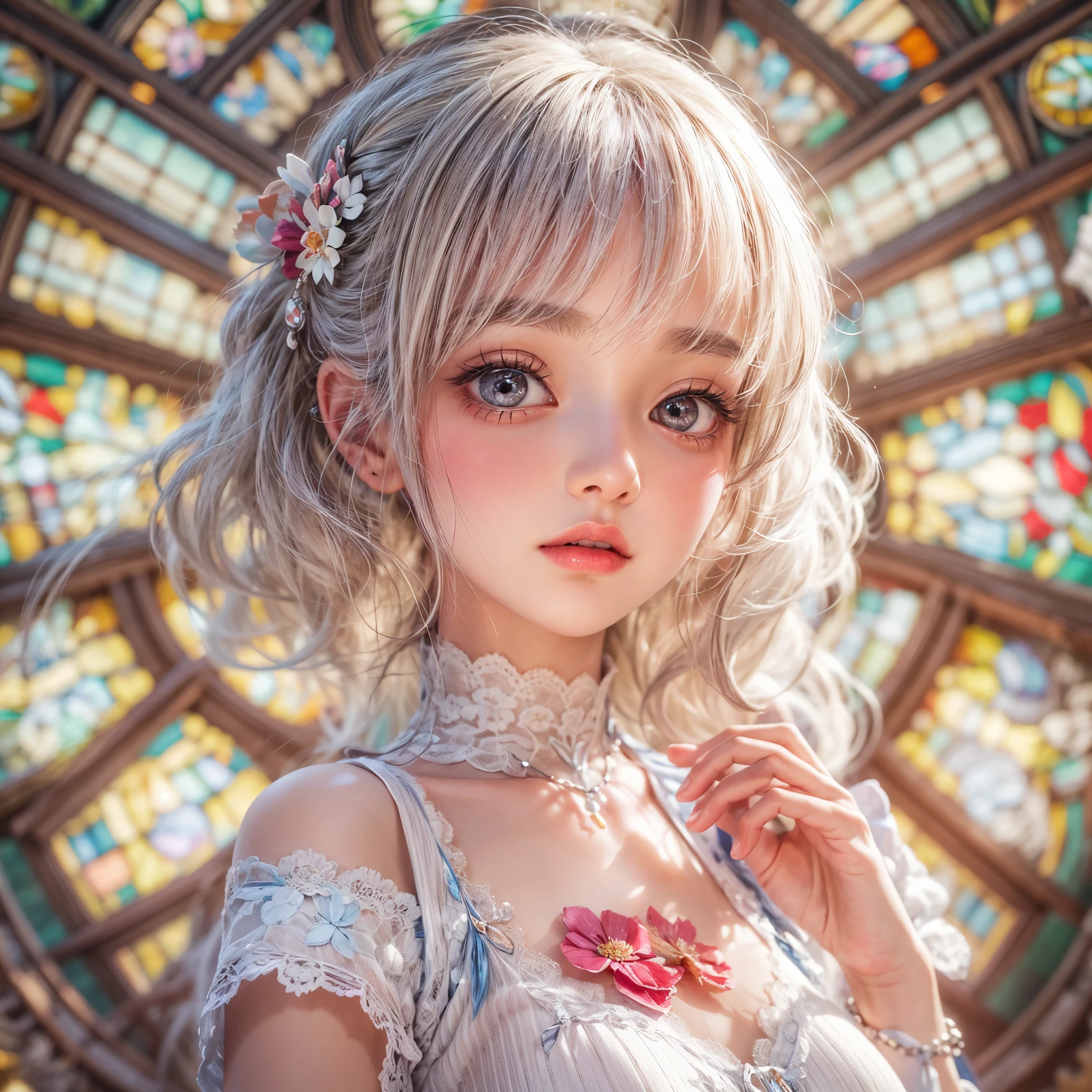 SFW, concept art, Tiny junior idol, Delicate lace knitted white clothes, (nipple:-0.9), (face closeup, (Dazzling stained glass Background)), (((Renbutsu Misako), colorful Light shines through stained glass:1.2, vivid red colors, lense Particle, lens flare, light Particle, Dazzling Halo, Acutance:0.8)). (masterpiece:1.2),(ultra-detailed:1.37),(realistic,photorealistic,photo-realistic:1.37), (Extremely detailed KAWAII face variations, innocent expression variations), rosy cheeks, intricate detailed eyes with sparkling highlights, long eyelashes with volume, subtle blush on the face. Mystic sight, haze, impeccable skin texture, captivating gaze, ((Dynamic-angle, physically-based rendering)), whole Body proportions and all limbs are anatomically accurate .