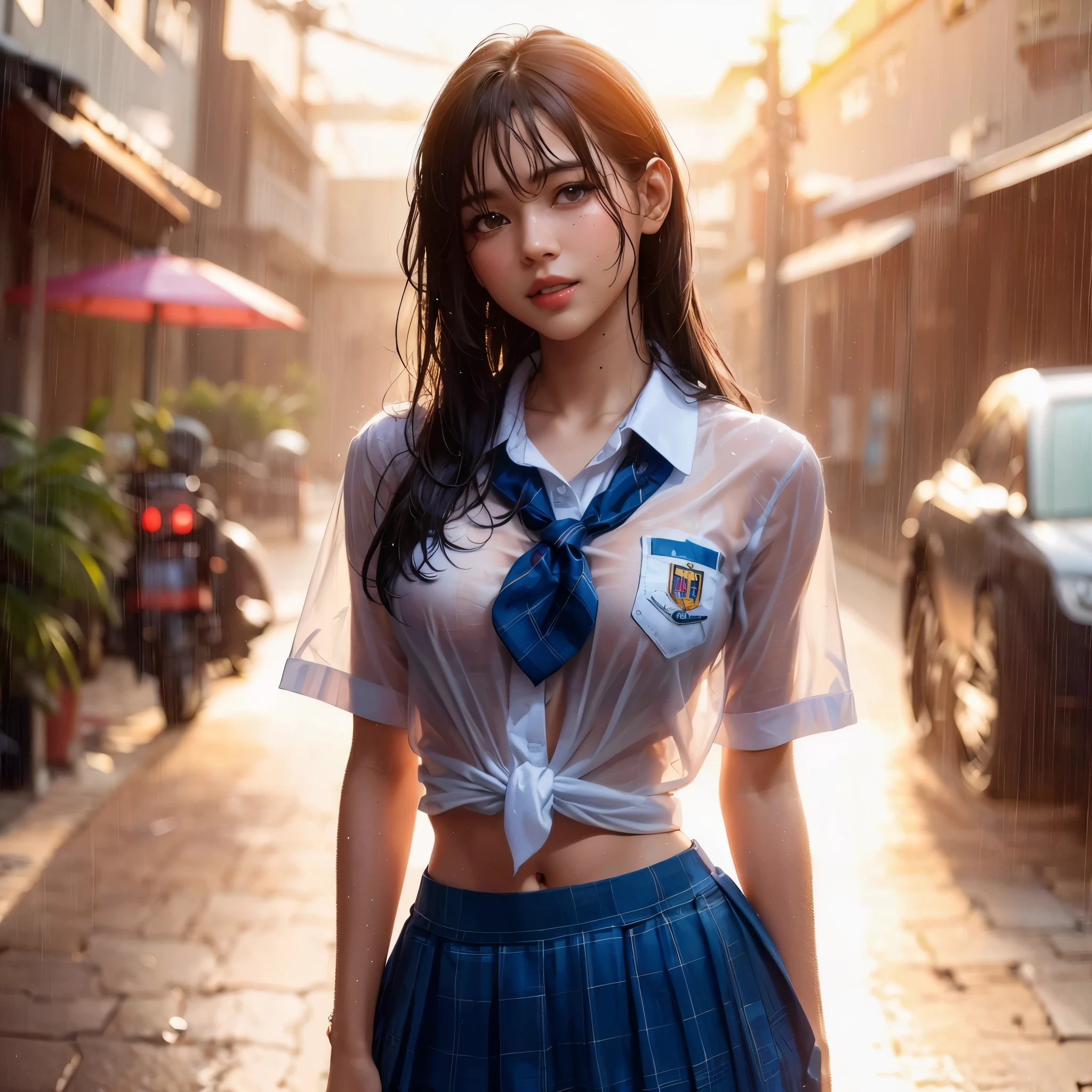 there is a woman with gigantic breast in a school uniform standing in the rain, wet shirt, see through, black bra, pretty girl standing in the rain, after rain and no girls, raining, girl wearing uniform, in the rain, thai girl, raining award winning photo, school girl, just after rain, raining!, at evening during rain, wet from rain, rainy wet, raining portrait, beautiful and smiling, masterpiece, best quality:1.2),,(8k,highres,RAW photo,realistic,photo-realistic:1.3),(detailed skin texture,detailed cloth texture,beautiful detailed face:1.25),professional lighting,photon mapping,beautiful soft light,radiosity,physically-based rendering,raytracing, model shoot style, model shoot style, (extremely detailed CG unity 8k wallpaper), full shot body photo of the most beautiful artwork in the world,