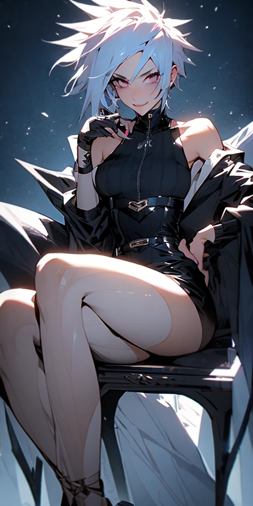 (4k, ultra high resolution, Prominence in Masterpiece, High Quality, Best Quality: 1.2) full body, 1child female, solo, 1girl, 1woman, lustful smirking smile blush, looking at viewer, sitting, white hair, short hair, oni hornols look)), (black jacket), beautiful and detailed face, detailed eyes, looking at the viewer, (grey theme), close jacket, (spiky hair), (thick hair), (aesthetic clothings)