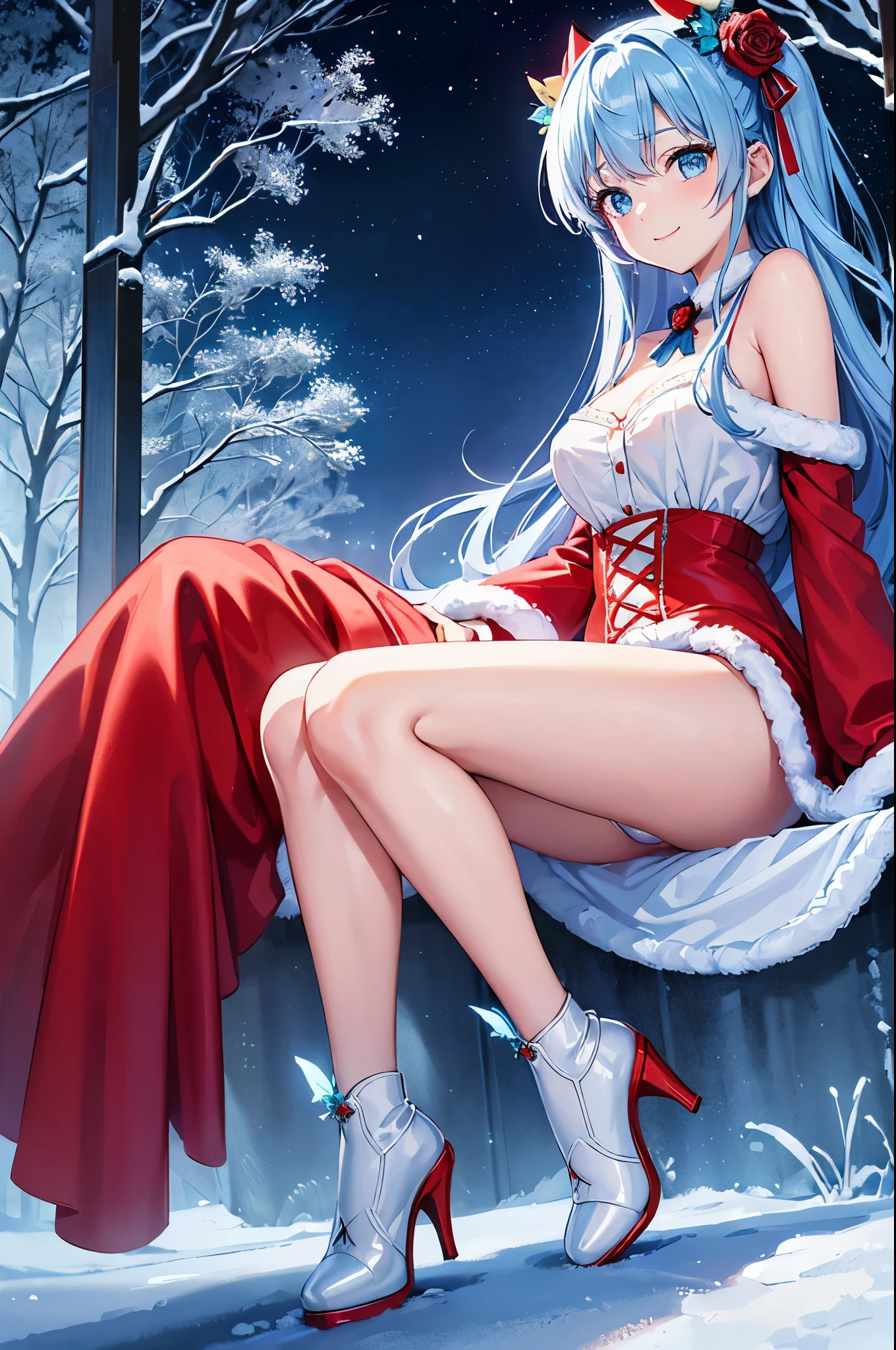 straight on, In the snowy forest、Snowflakes flutter、Christmas Landscape、1girll, (Fantasy:1.4), (azure blue eyes:1.233),Her eyes shone like dreamy stars,(Glowing eyes:1.233),(Beautiful and detailed eyes:1.1),(Light blue hair:1.14),(Twin-tailed,Very long hair,adorable smiling、white and red santa dress、Twin-tailed、,hair between eye)),(Chiffon dress,high heels boots, ),(whole red rose),),(a dull blue world tree:1.14),(burst),(Night:1.2),Dreamy,The soul is a shining translucent blue butterfly:1.15), [[Delicate fingers and hands:0.55]::0.85],(Detail fingers),(yubao:0.5),