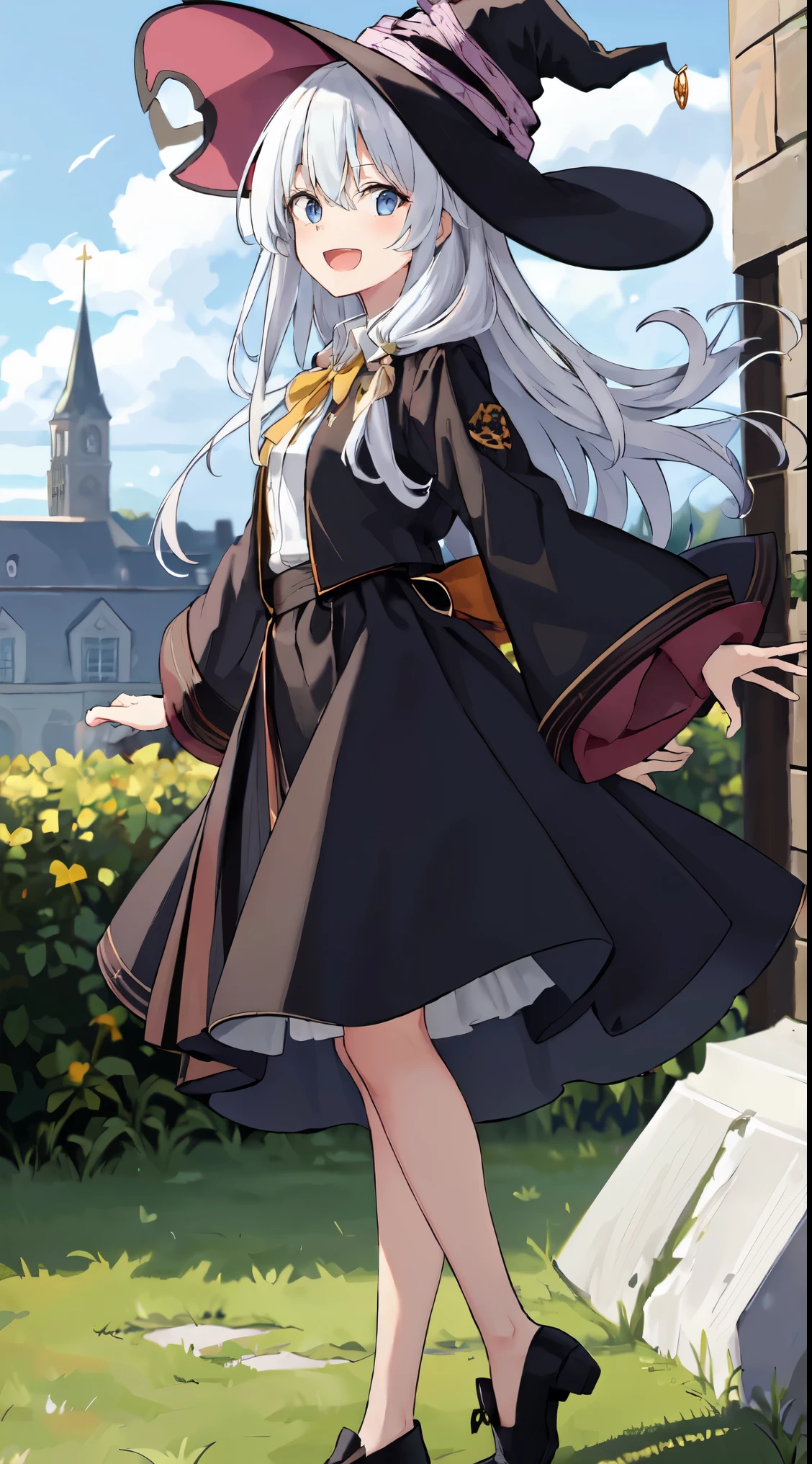 (masterpiece, best quality, high resolution), elaina, hat, witch hat, solo, long hair, garden, shirt, skirt, witch, open mouth, smile, black footwear, black headdress, white shirt, side saddle, skirt black, robe, neck bow tie, yellow bow tie, looking at viewer, black robe, bow, open robe, hands on headwear, long sleeves, pointed footwear, boots, yellow bow, open clothing, high heels, wide sleeves, :d, collared shirt, bare feet, badge, hair tie, yellow hair tie, standing