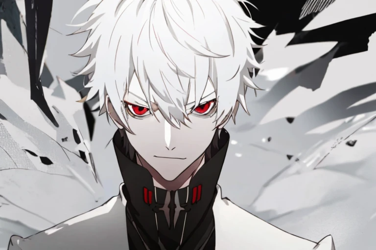 1male people，White hair，circuit eye，Black jersey，sharp eye，Lashes，tusk，Face Up