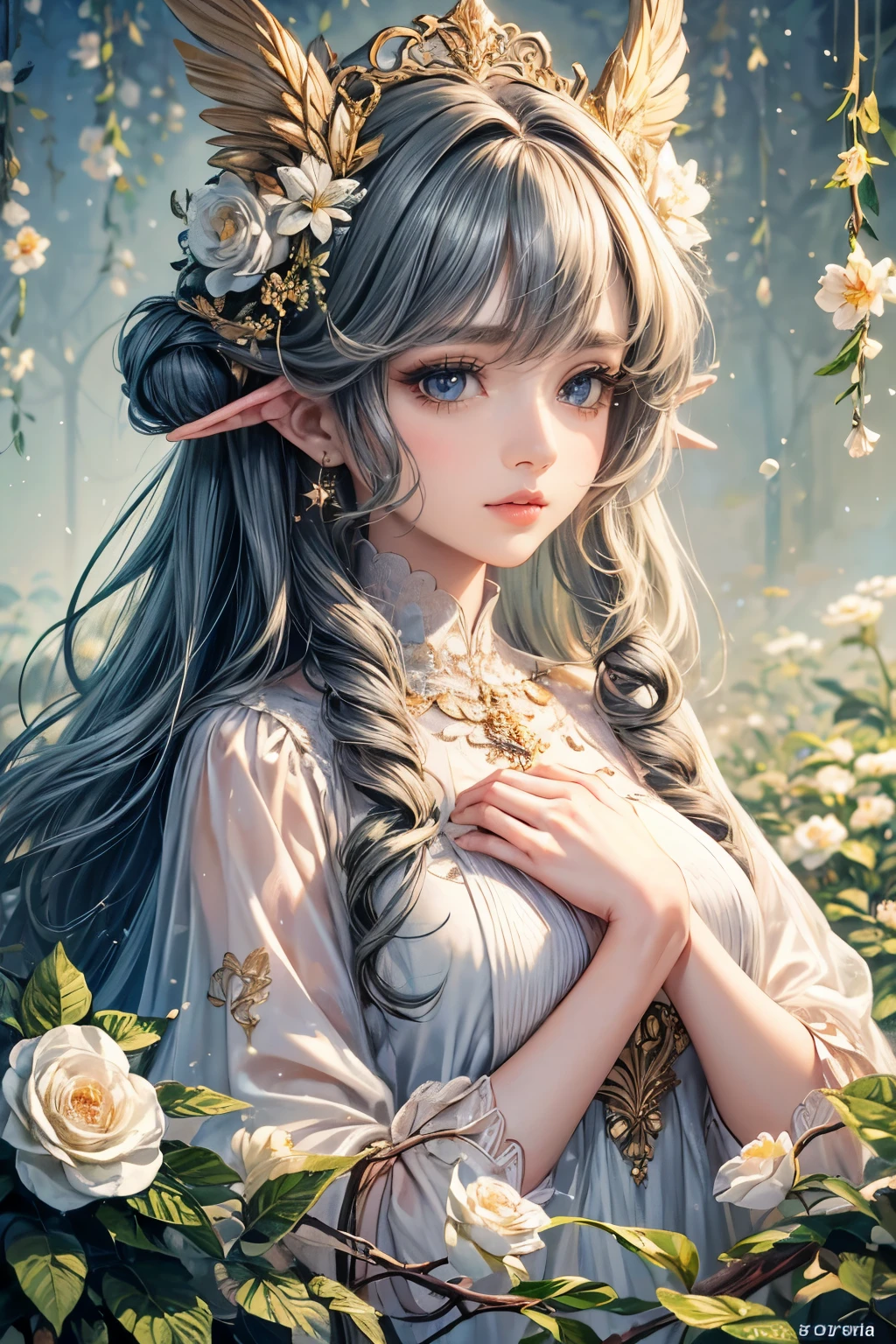 (best quality,8K,CG),detailed upper body,solitary girl,floral forest background,complex facial features,elegant long curly hair,almond-shaped big eyes,detailed eye makeup,long eyelashes,twinkling stars,exquisite lip details,soft and harmonious style.