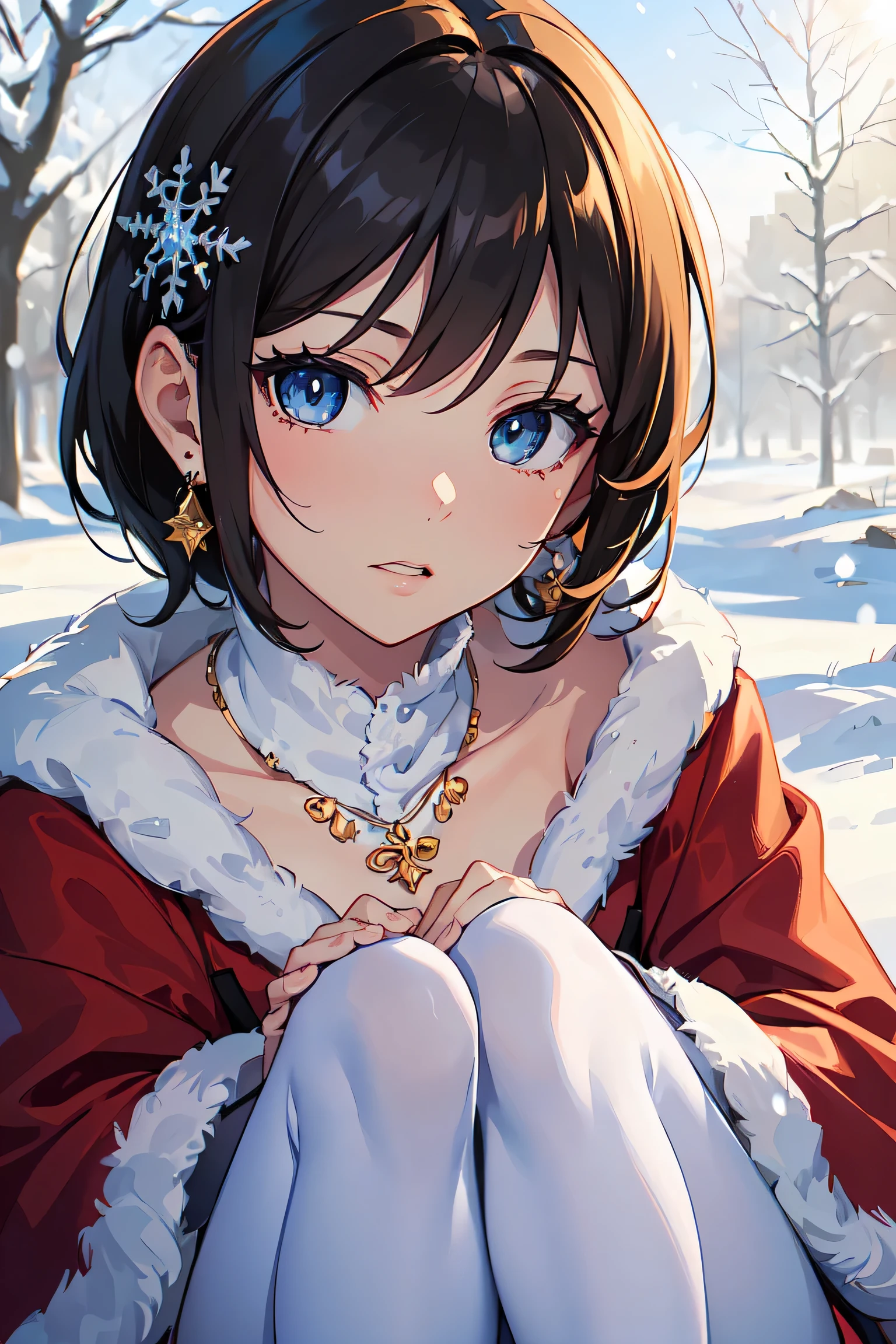 ((masutepiece)), ((Best Quality)), (Ultra-detailed), (superfine illustration), ((kawaii)), tremble for), ((Extremely detailed)), (Detailed eyes), (detailed facial features), (Detailed fingers), (detailed clothes features), 4K, (8K), (Beautiful), (dynamic compositions), (a closeup:1.3), (santa costume:1.3), Sitting on a stump, Pretty women, 1 woman, (Brown skin:1.2), Brown hair, Medium short hair, (Beautiful blue eyeeautiful eyes)), White teeth, (tights), (Hair ornaments), Earring Necklace), (Raulche, mont, vila, evening, Winters, Shine with colored light, Lens Flare, (snow effect), shiny