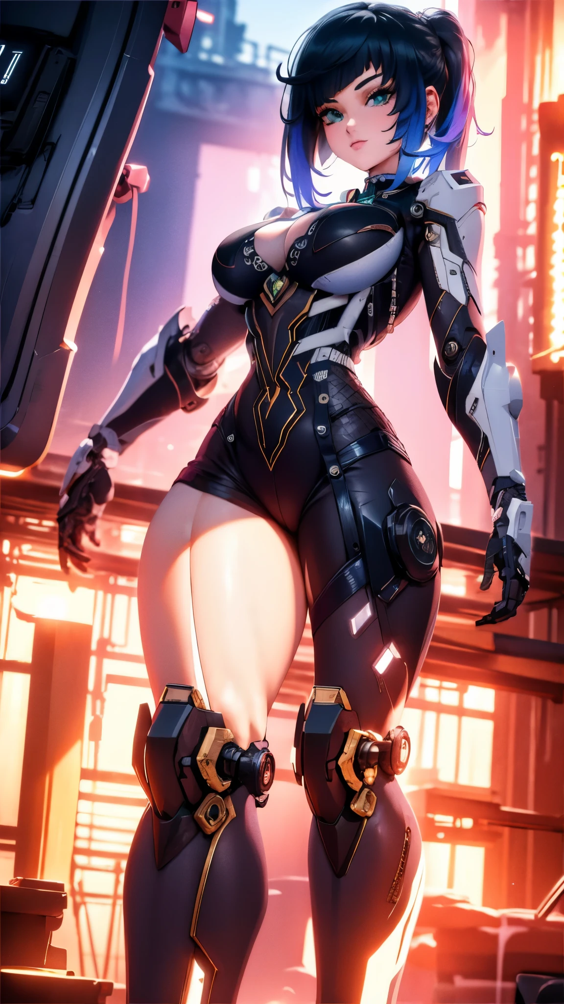 ((masterpiece, best quality)),illustration,ultra detailed 8k,photorealistic,sharp focus,highly detailed,professional lighting,colorful details,iridescent colors BREAK extreme long shot of a factory,large mechanical robot construction,microchip,computer,glowing,intricate details,shitu-mecha,1girl is standing in front of the audience,Navel