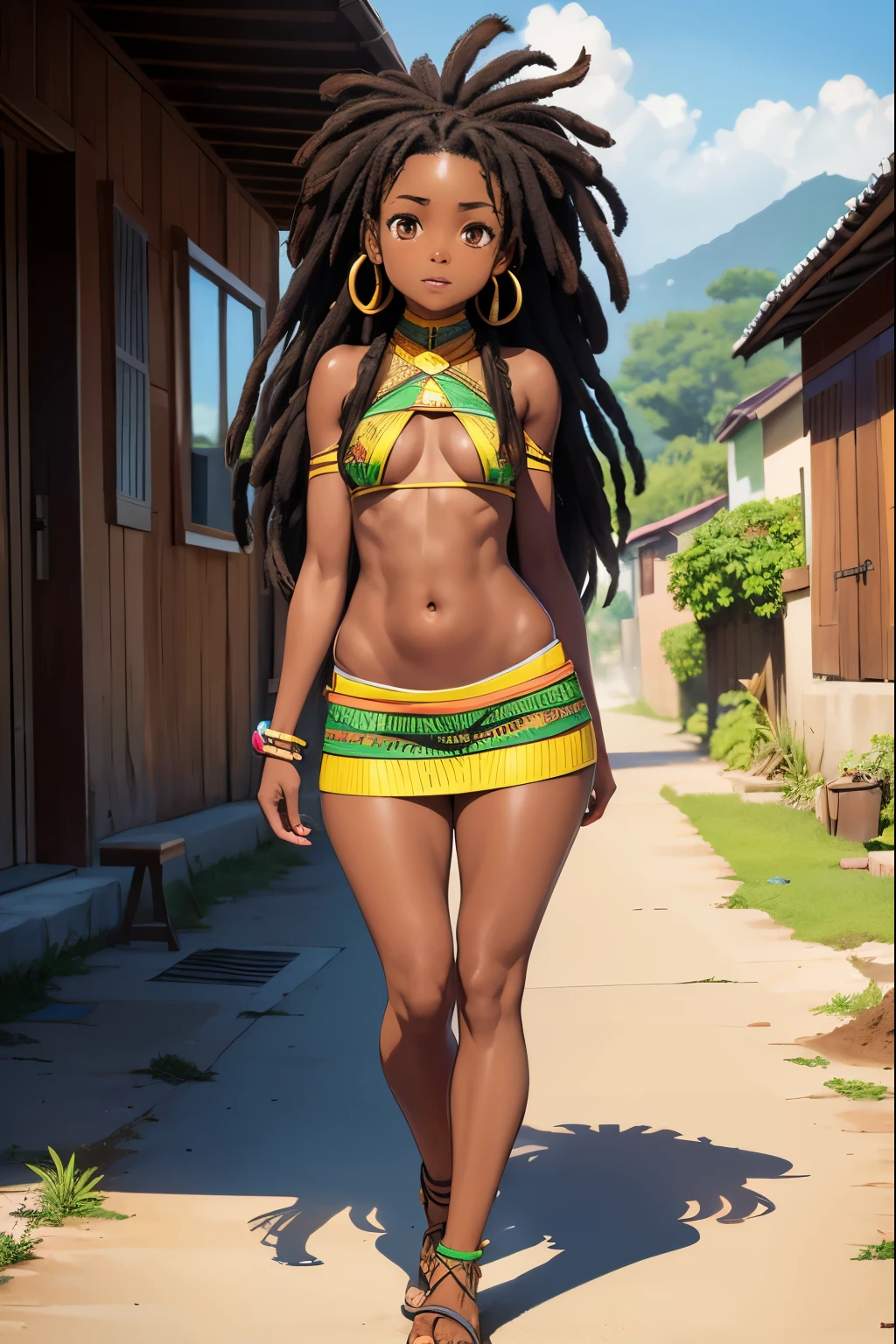 black girl, dark skin, dreads, voluminous hair, Jamaican tribal clothing, low waist, small breasts, tiny breasts, flat breasts, visible navel, shapely legs, thick legs, long legs, jamaica, sunny day, dirt street, houses wood in the background