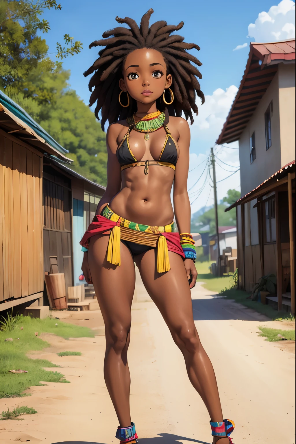 black girl, dark skin, dreads, voluminous hair, Jamaican tribal clothing, low waist, small breasts, tiny breasts, flat breasts, visible navel, shapely legs, thick legs, long legs, jamaica, sunny day, dirt street, houses wood in the background