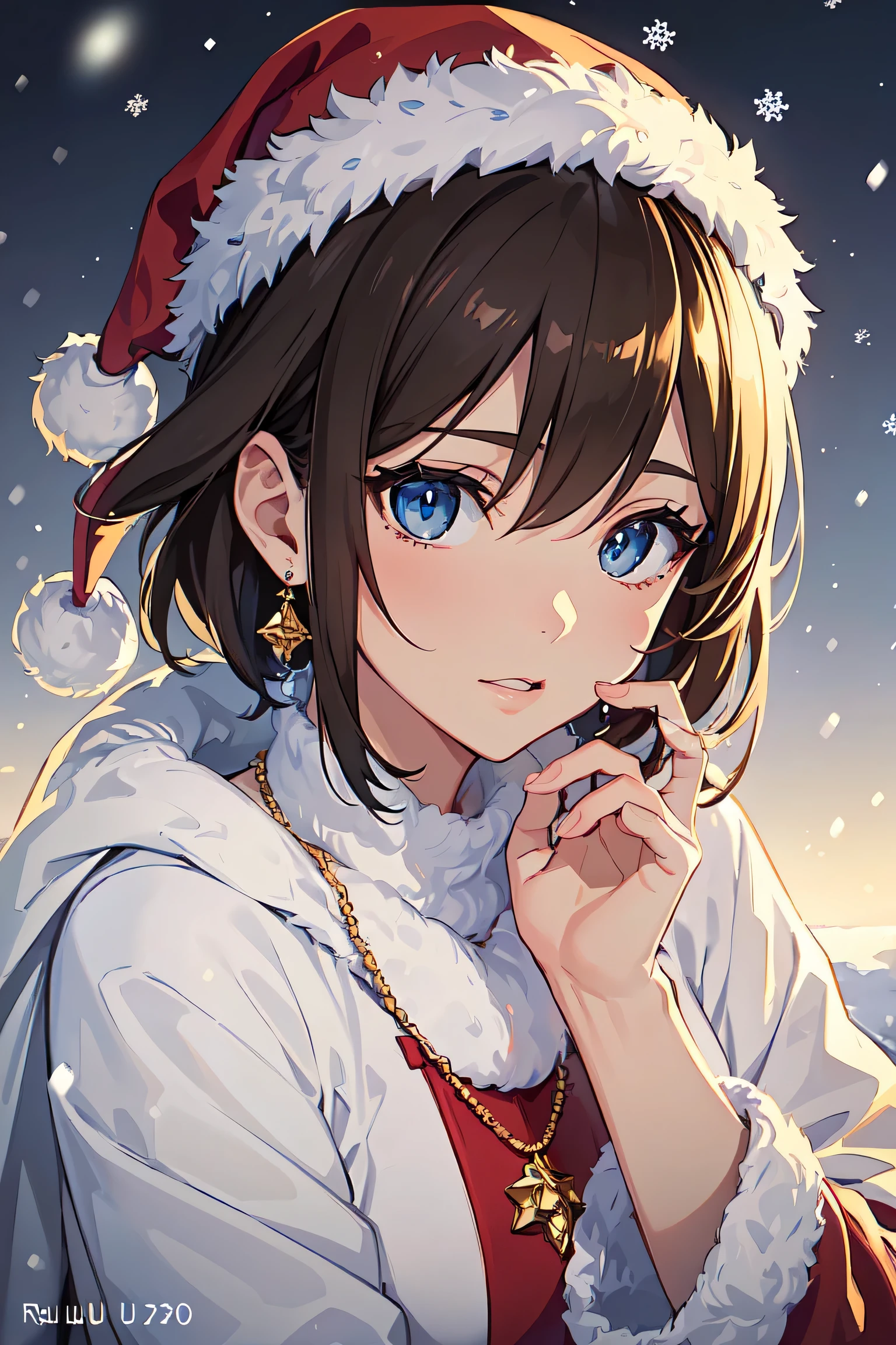 ((masutepiece)), ((Best Quality)), (Ultra-detailed), (superfine illustration), ((kawaii)), tremble for), ((Extremely detailed)), (Detailed eyes), (detailed facial features), (Detailed fingers), (detailed clothes features), 4K, (8K), (Beautiful), (dynamic compositions), (a closeup:1.3), (santa costume:1.3), Sitting on a stump, Pretty women, 1 woman, (Brown skin:1.2), Brown hair, Medium short hair, (Beautiful blue eyeeautiful eyes)), White teeth, (tights), (Hair ornaments), Earring Necklace), (Raulche, mont, vila, evening, Winters, Shine with colored light, Lens Flare, (snow effect), shiny